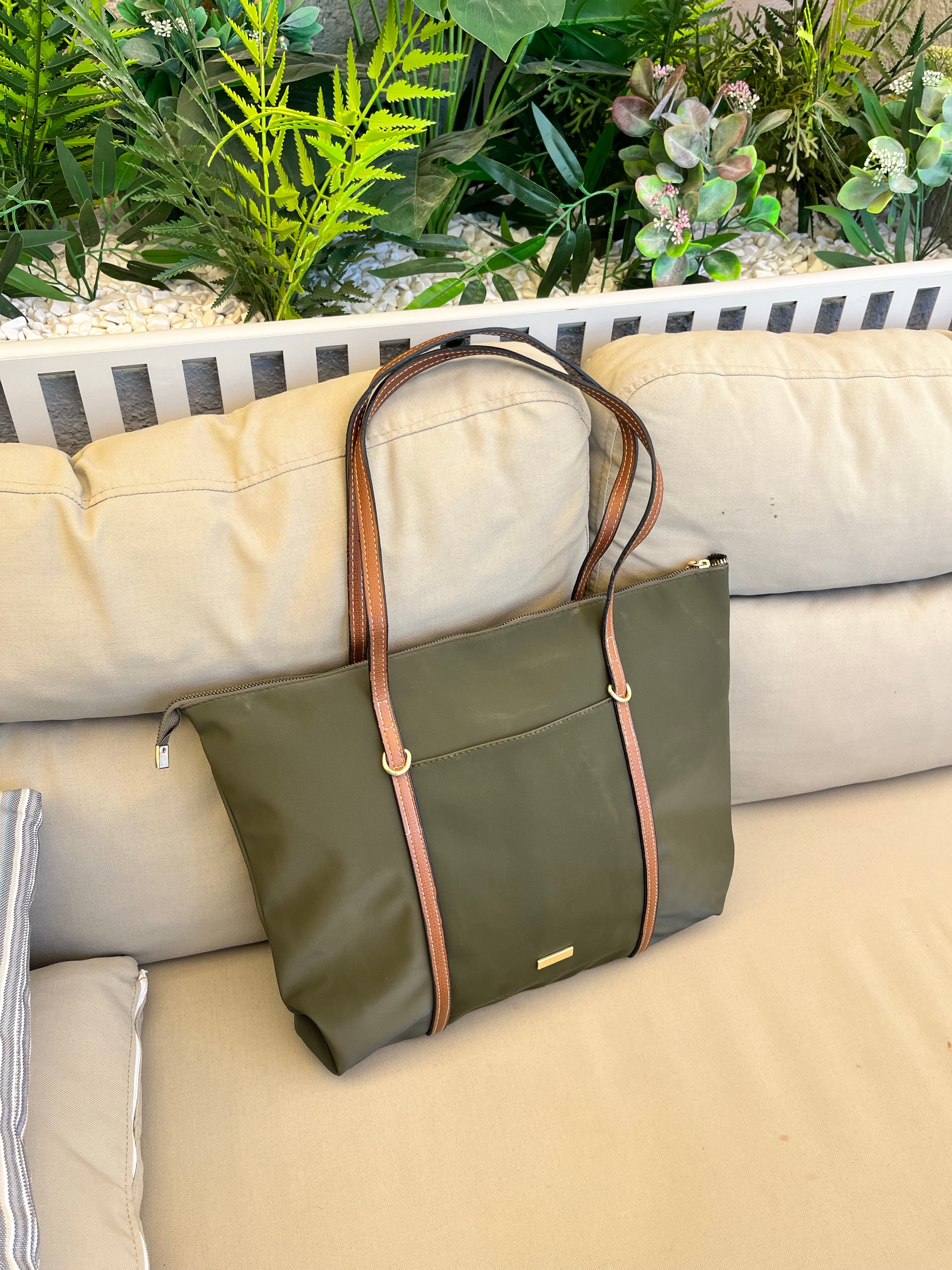 Mona|Şeritli Shopper Kadın Omuz Çantası - haki