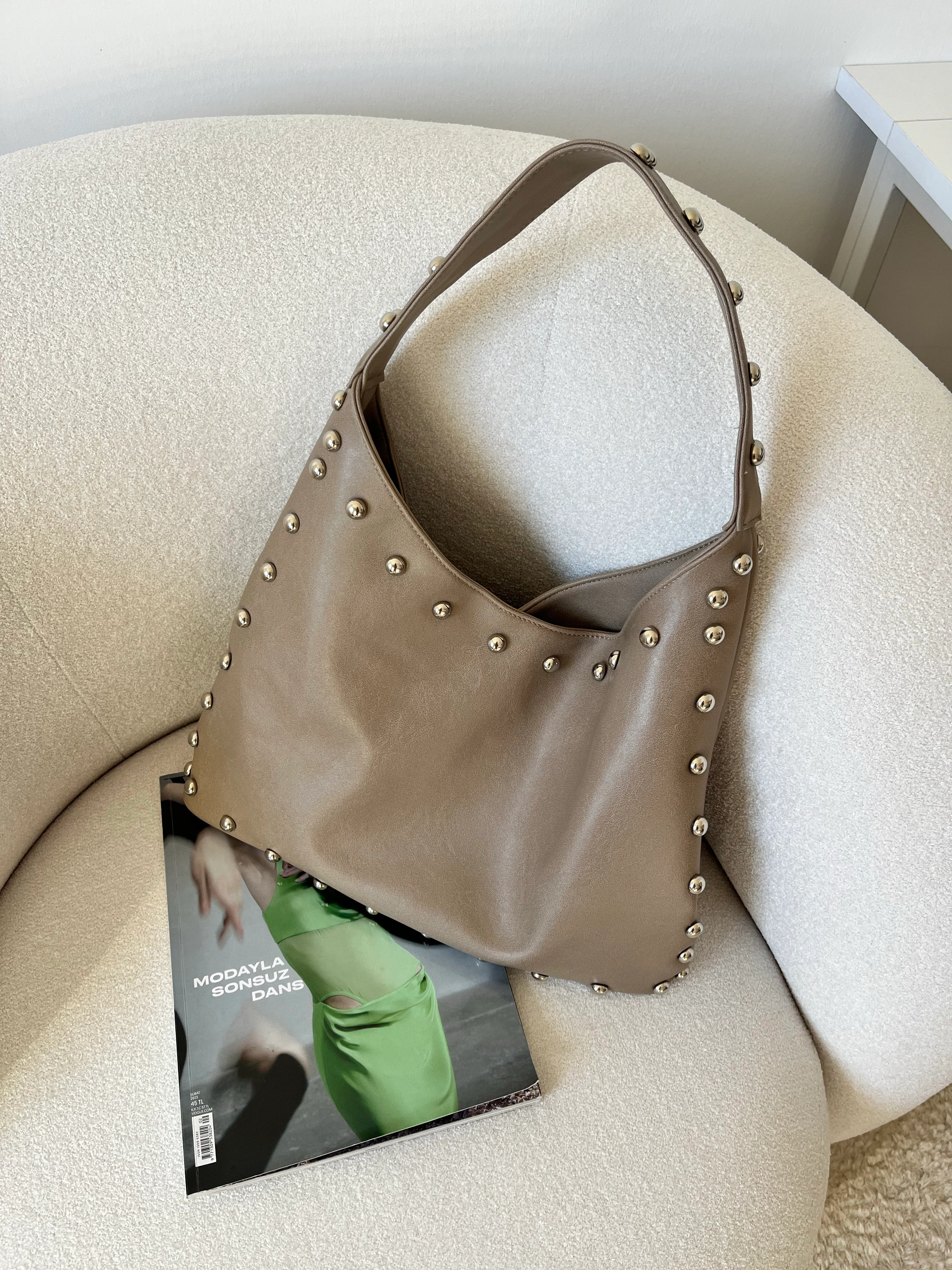 Milla /Zımbalı Suni Deri Kadın Çanta - vizon