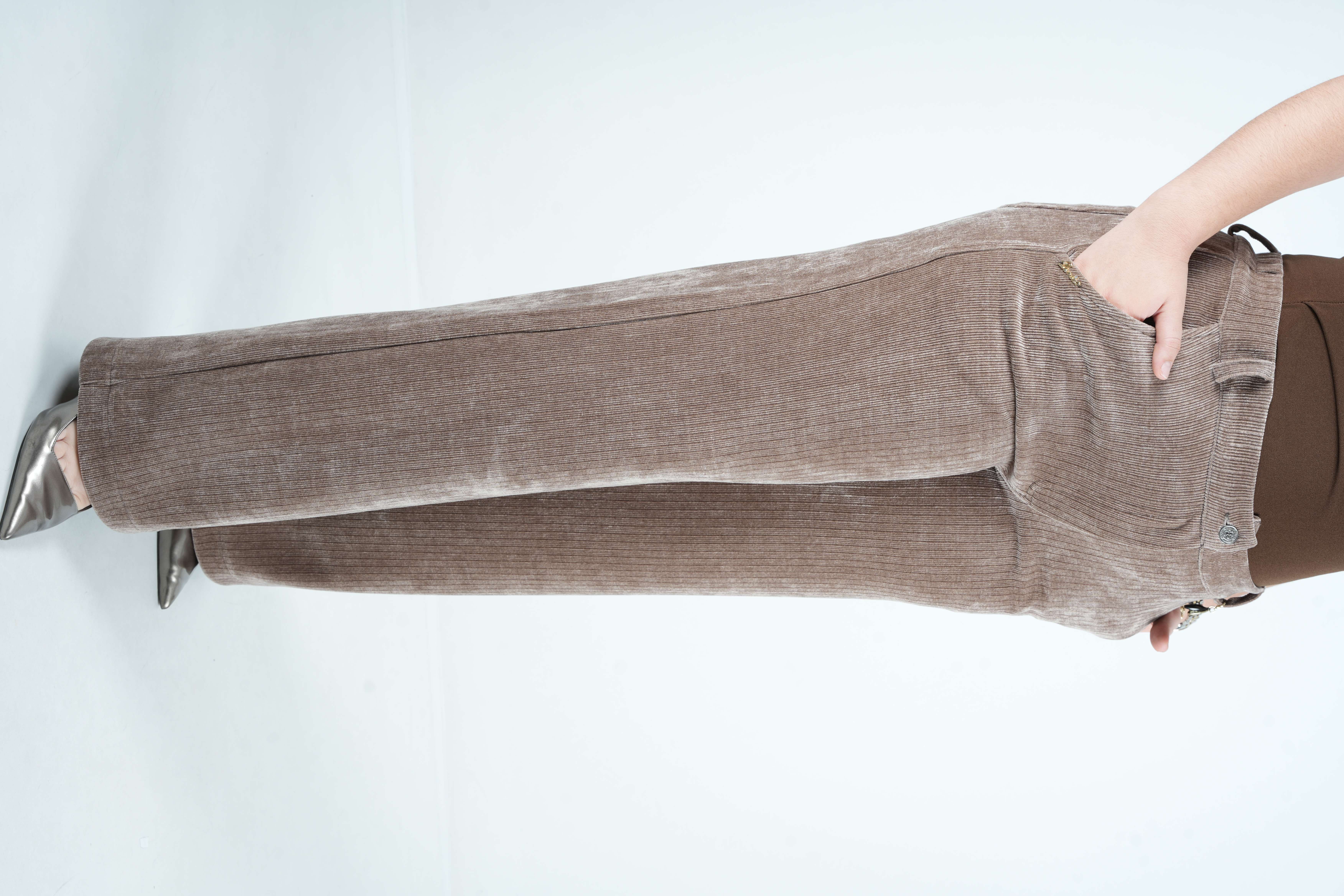 Velvet - İthal Kadife Bol Paça Pantolon 9371 - Bej