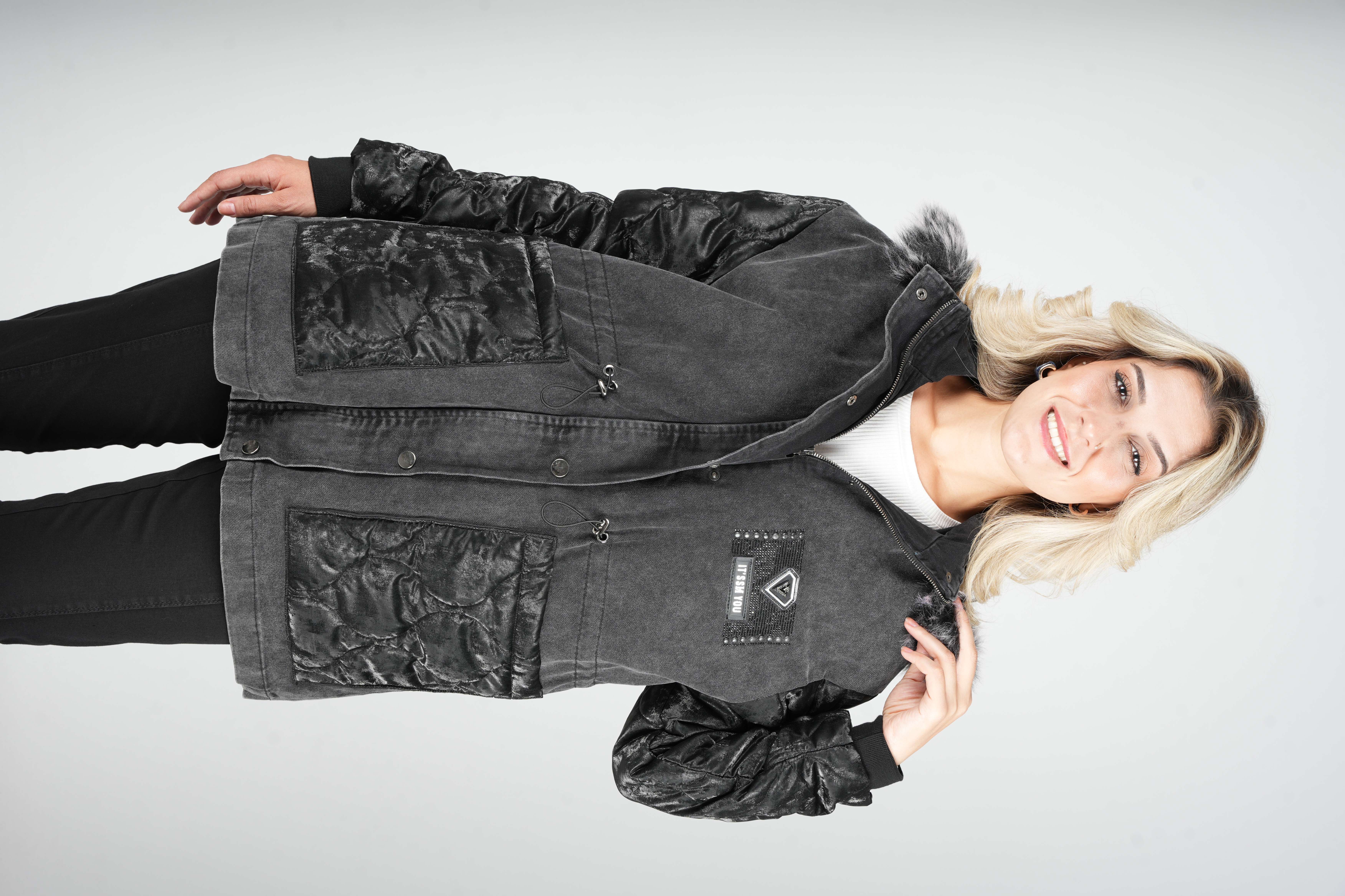 Celine - Kapüşonlu Astarlı Denim Mont 10448