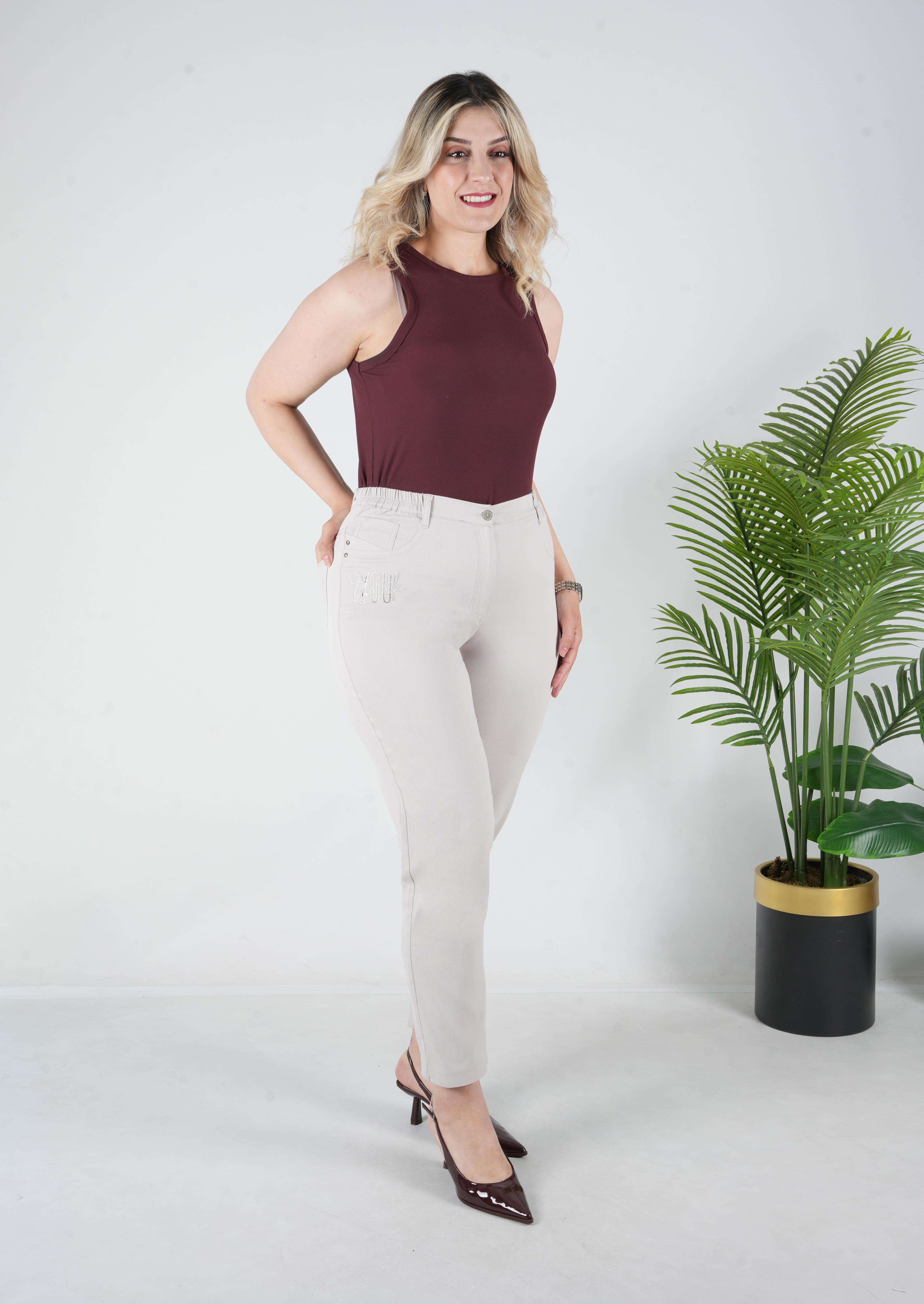 Vivia - Renkli Yazlık Likralı Pantolon 9265 - Taş