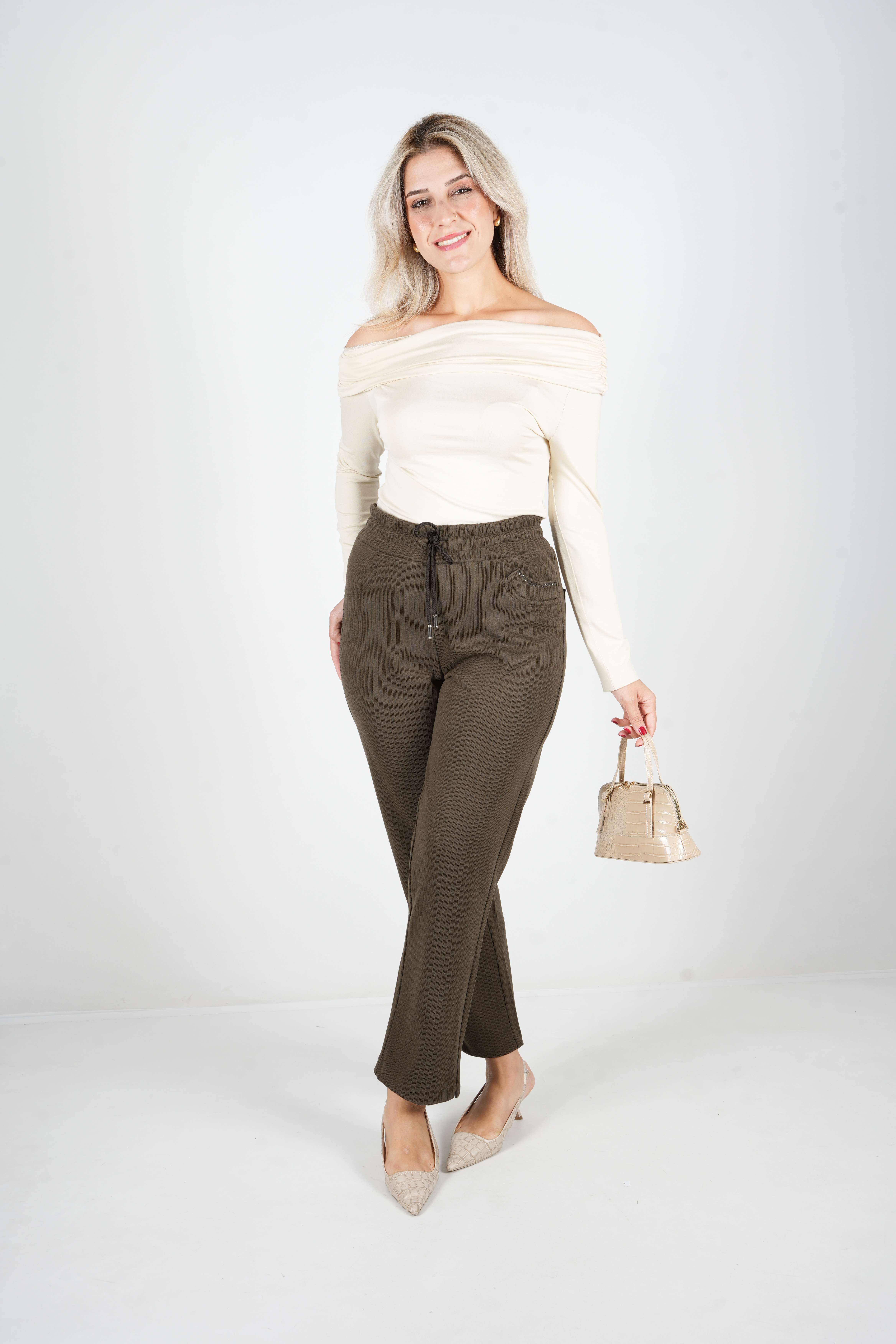 Como - Boru Paça Kadife Pantolon 9366 - Haki