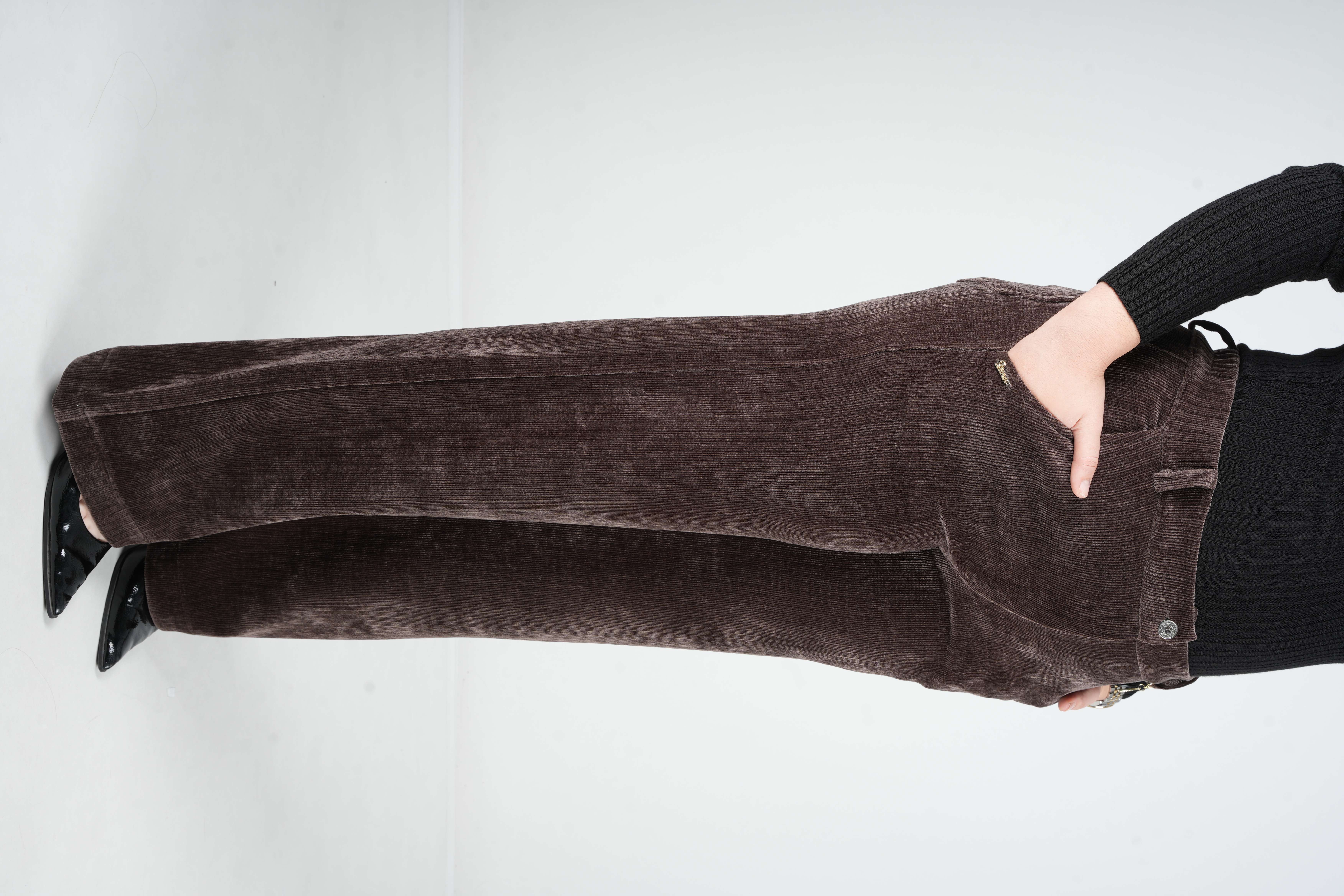 Velvet - İthal Kadife Bol Paça Pantolon 9371 - Kahve