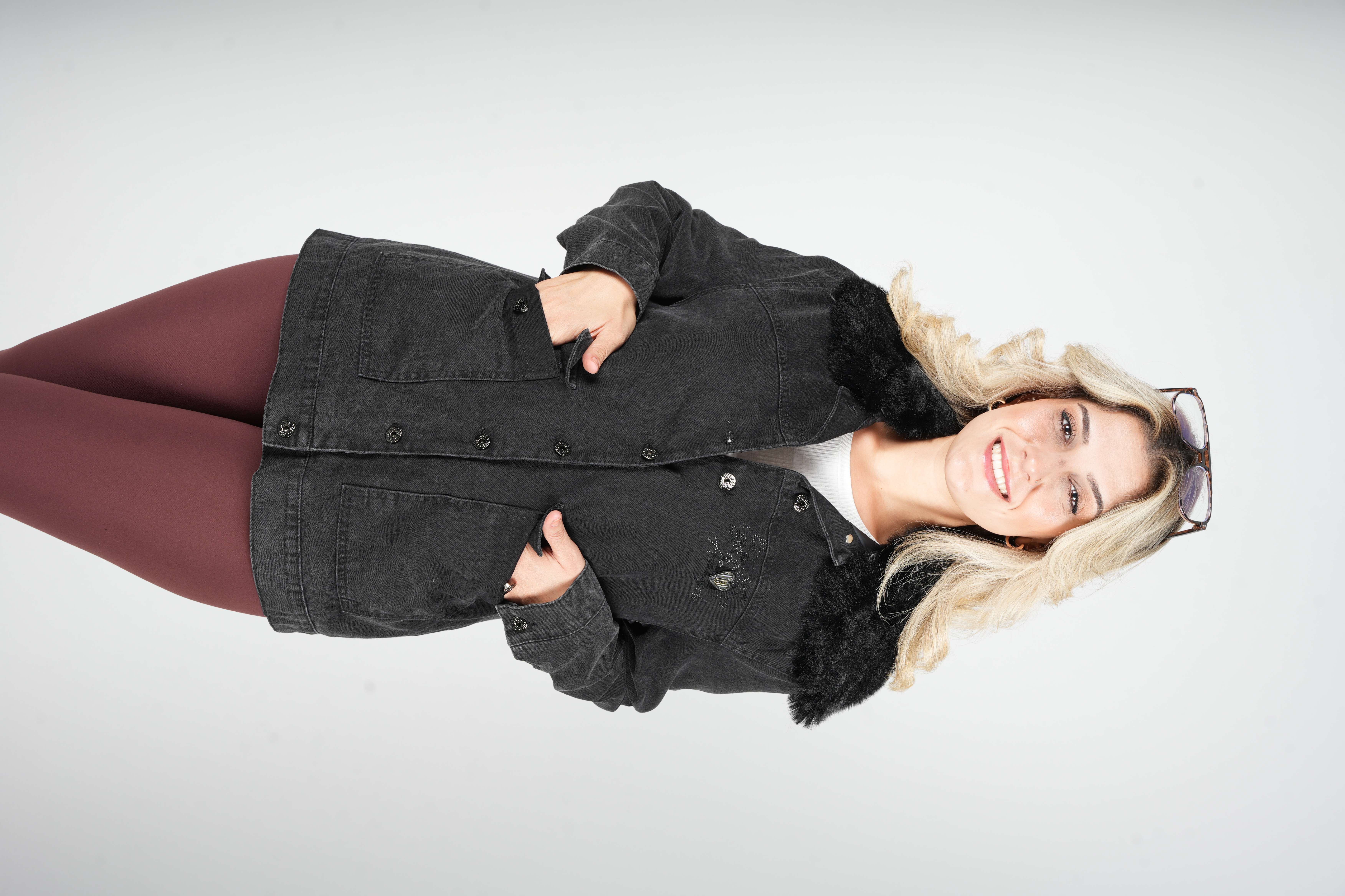 Cindy - Kürk Yaka Denim Mont 10478