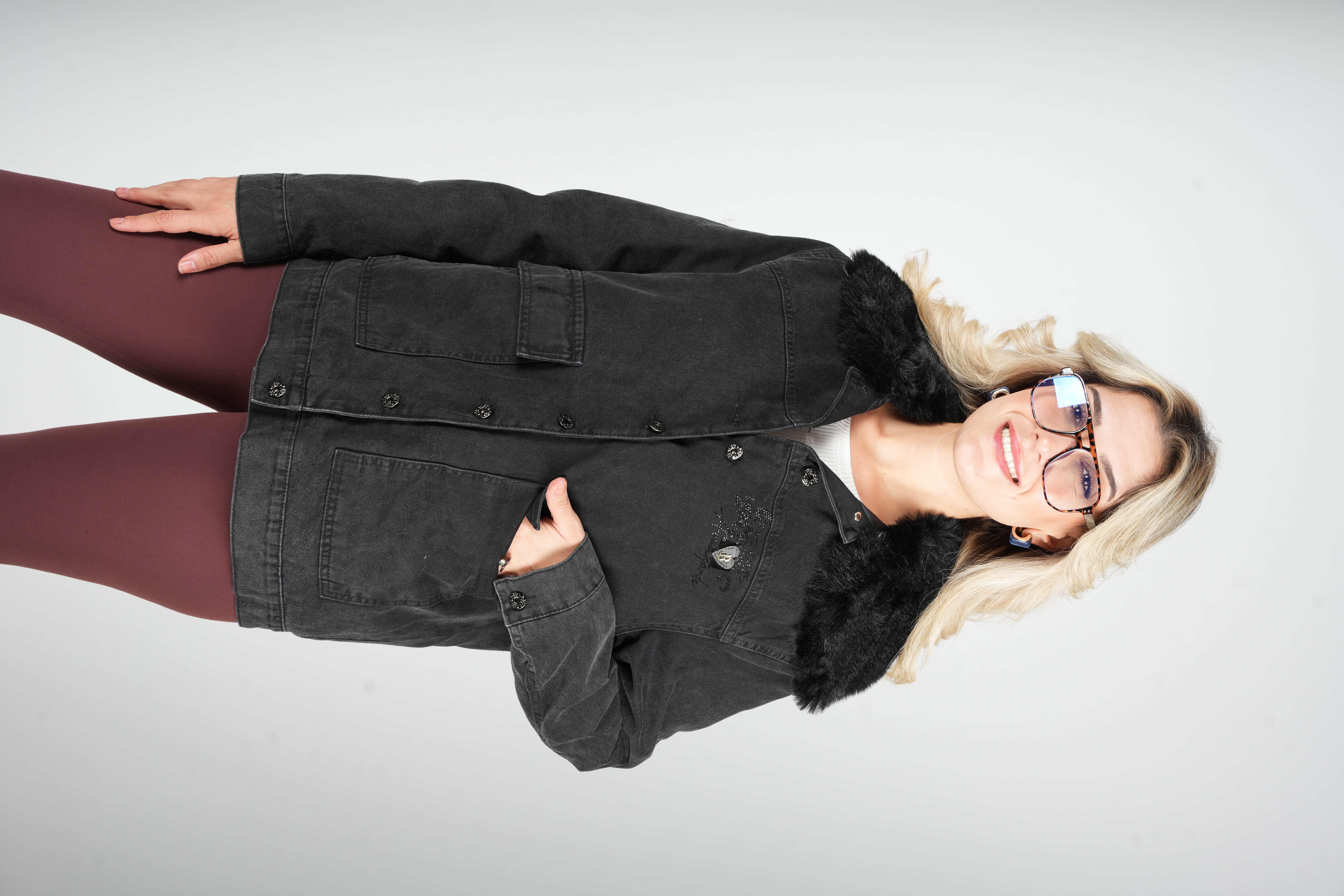 Cindy - Kürk Yaka Denim Mont 10478