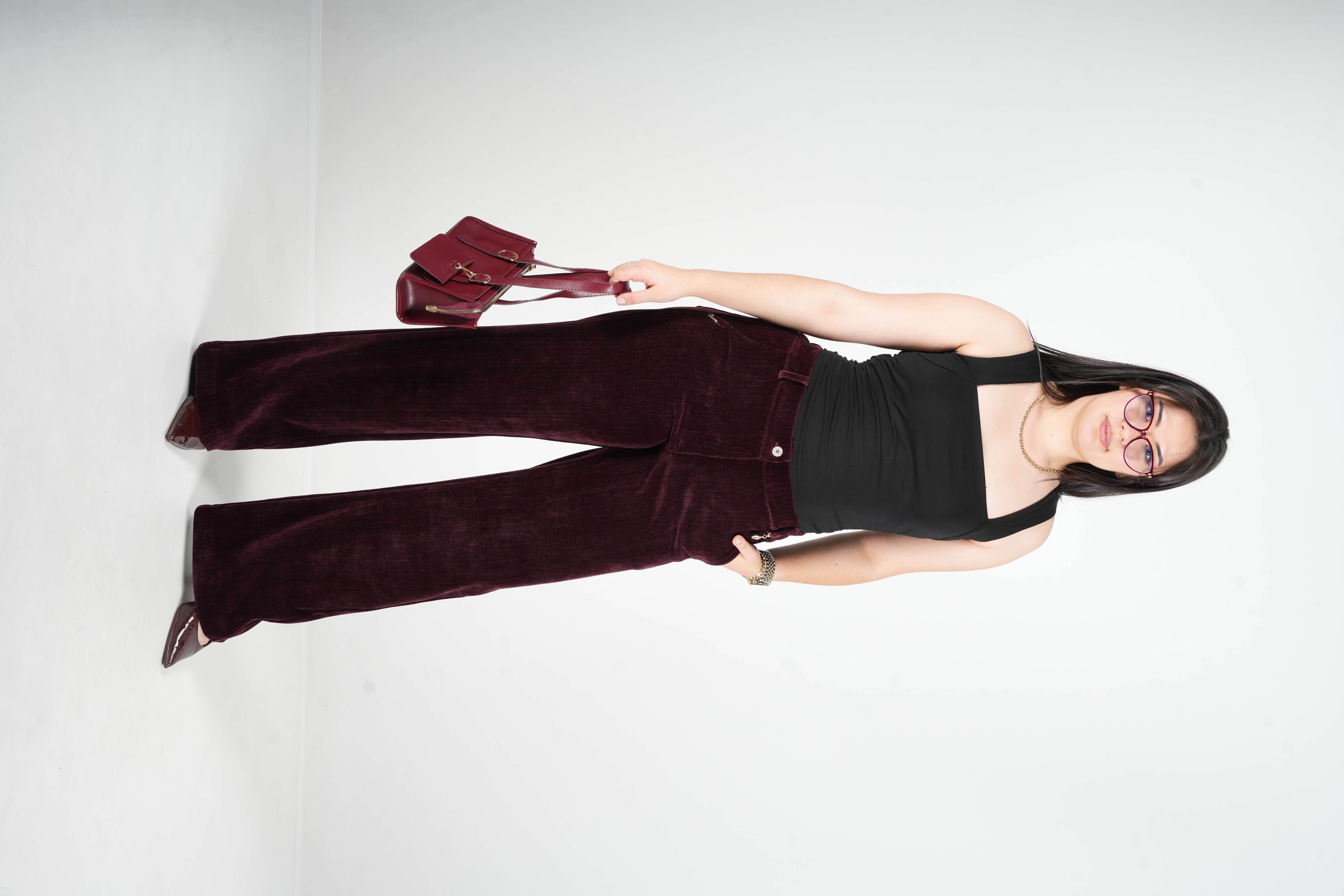 Velvet - İthal Kadife Bol Paça Pantolon 9371 - Bordo