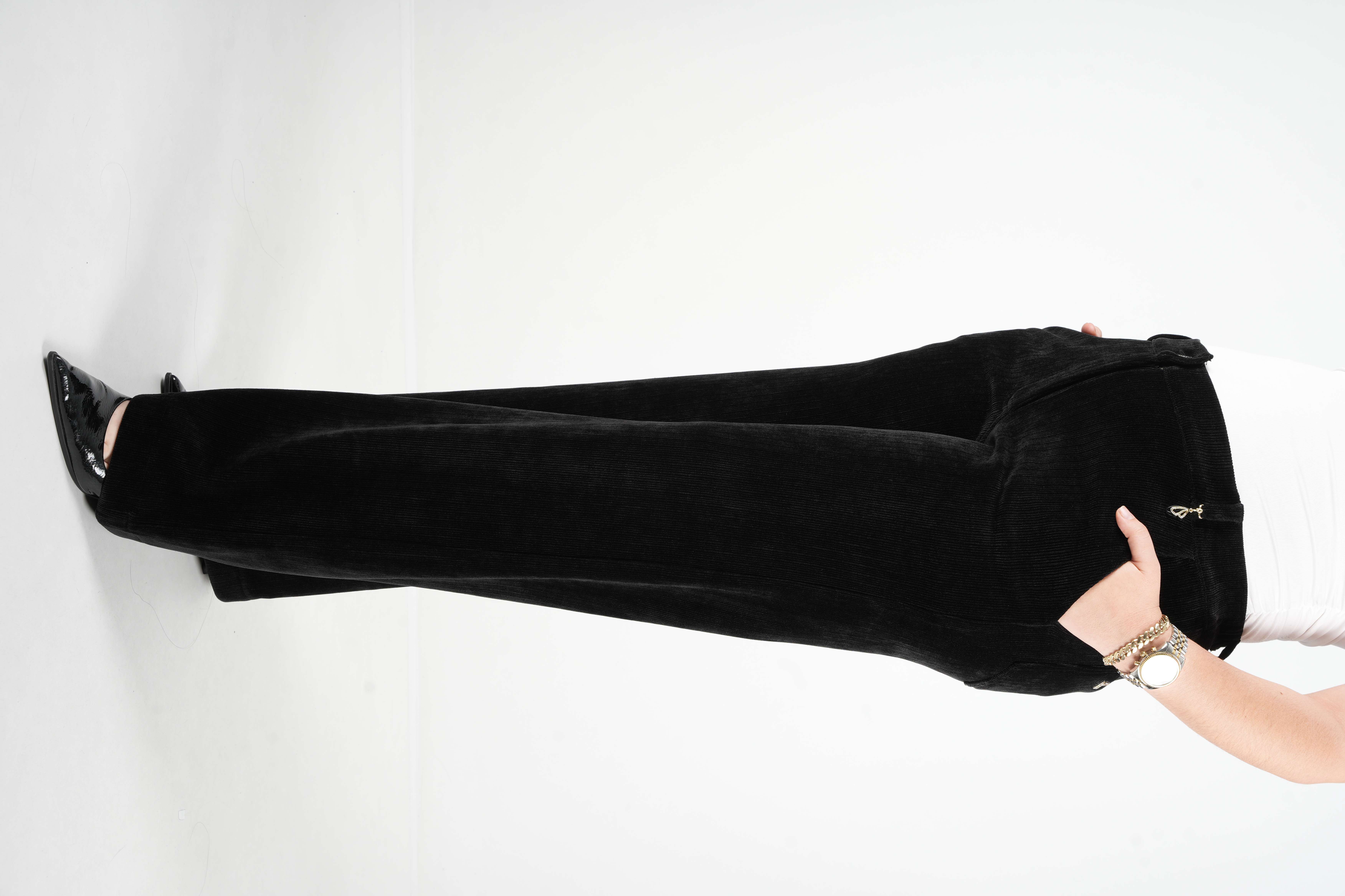 Velvet - İthal Kadife Bol Paça Pantolon 9371 - Siyah