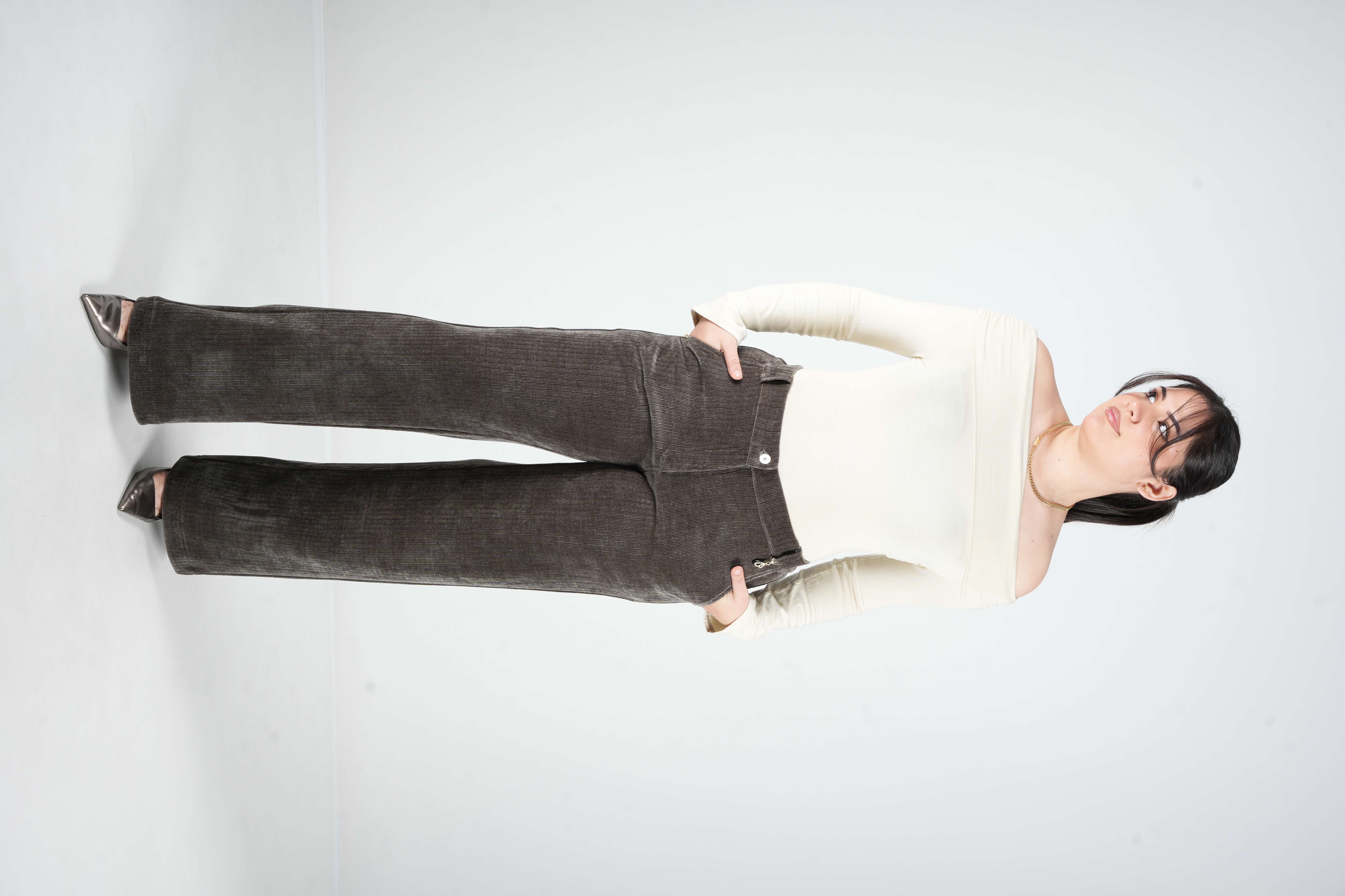 Velvet - İthal Kadife Bol Paça Pantolon 9371 - Haki