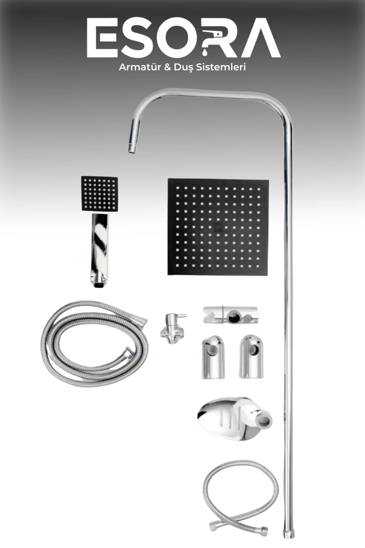 Siyah Krom Başlıklı Kare Robot Tepe Yağmurlama Duş Seti