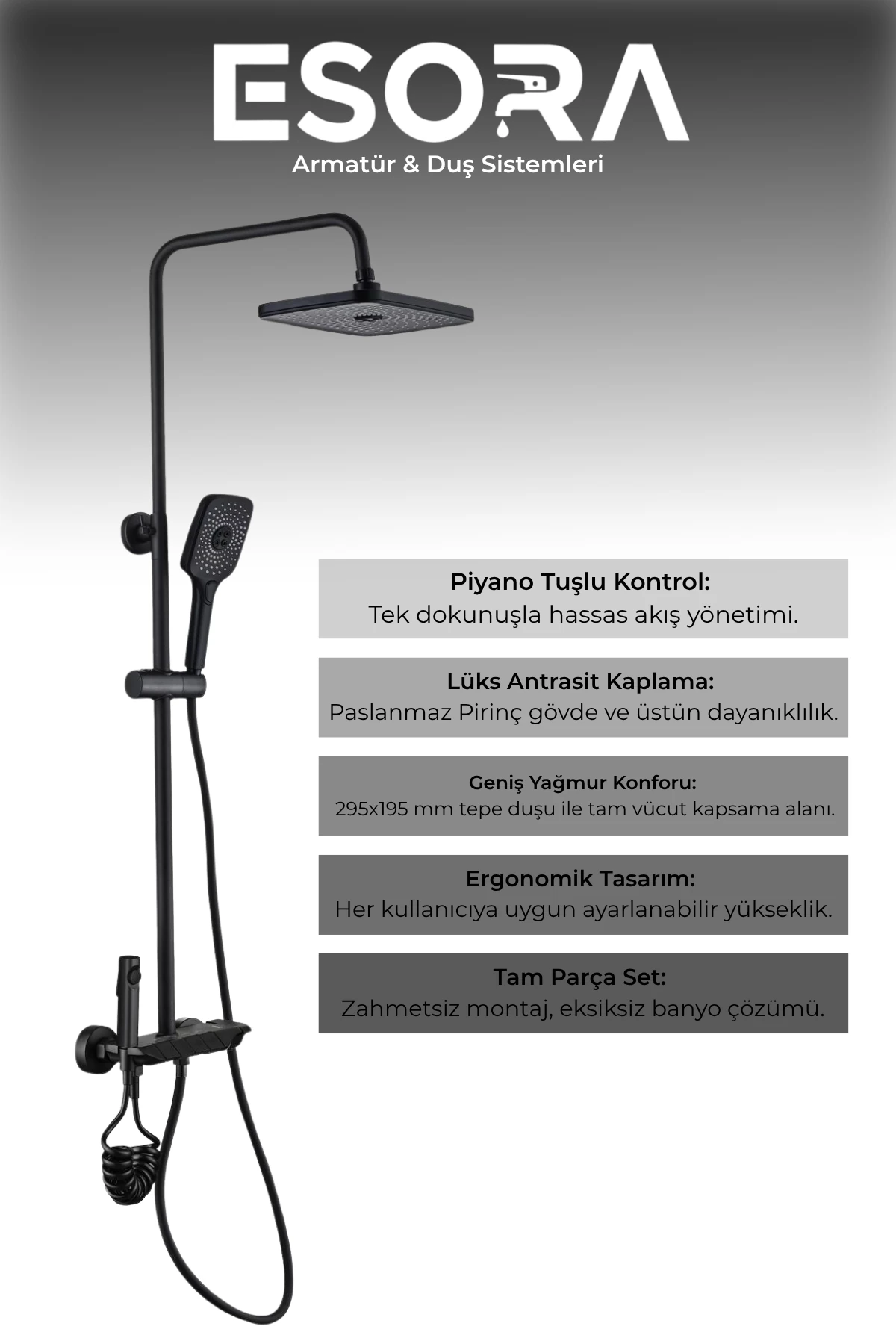 Piyano 5 Fonksiyonlu Gri Banyo Bataryalı Robot Duş Seti Tepe Duşu Duş Seti