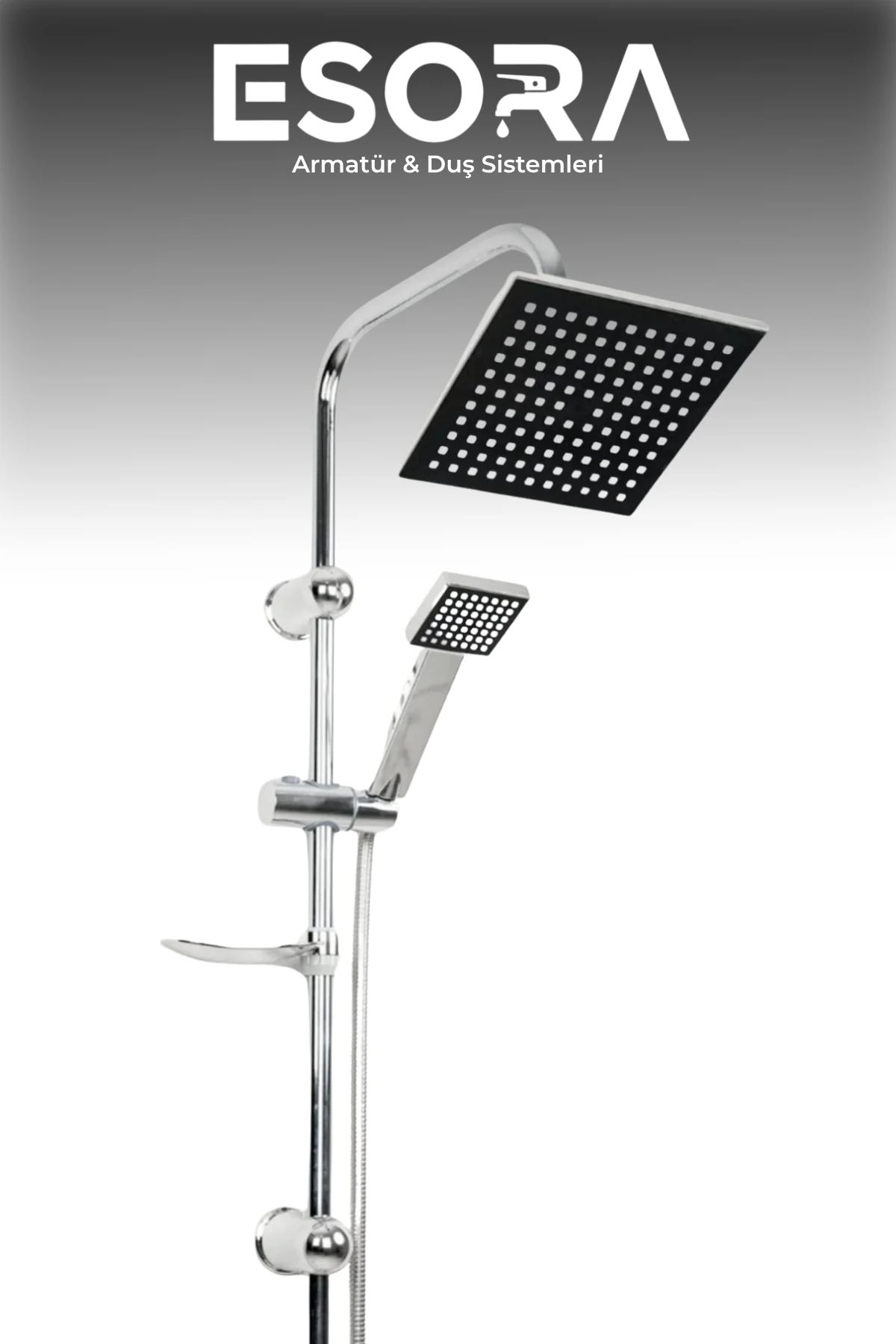 Siyah Krom Başlıklı Kare Robot Tepe Yağmurlama Duş Seti