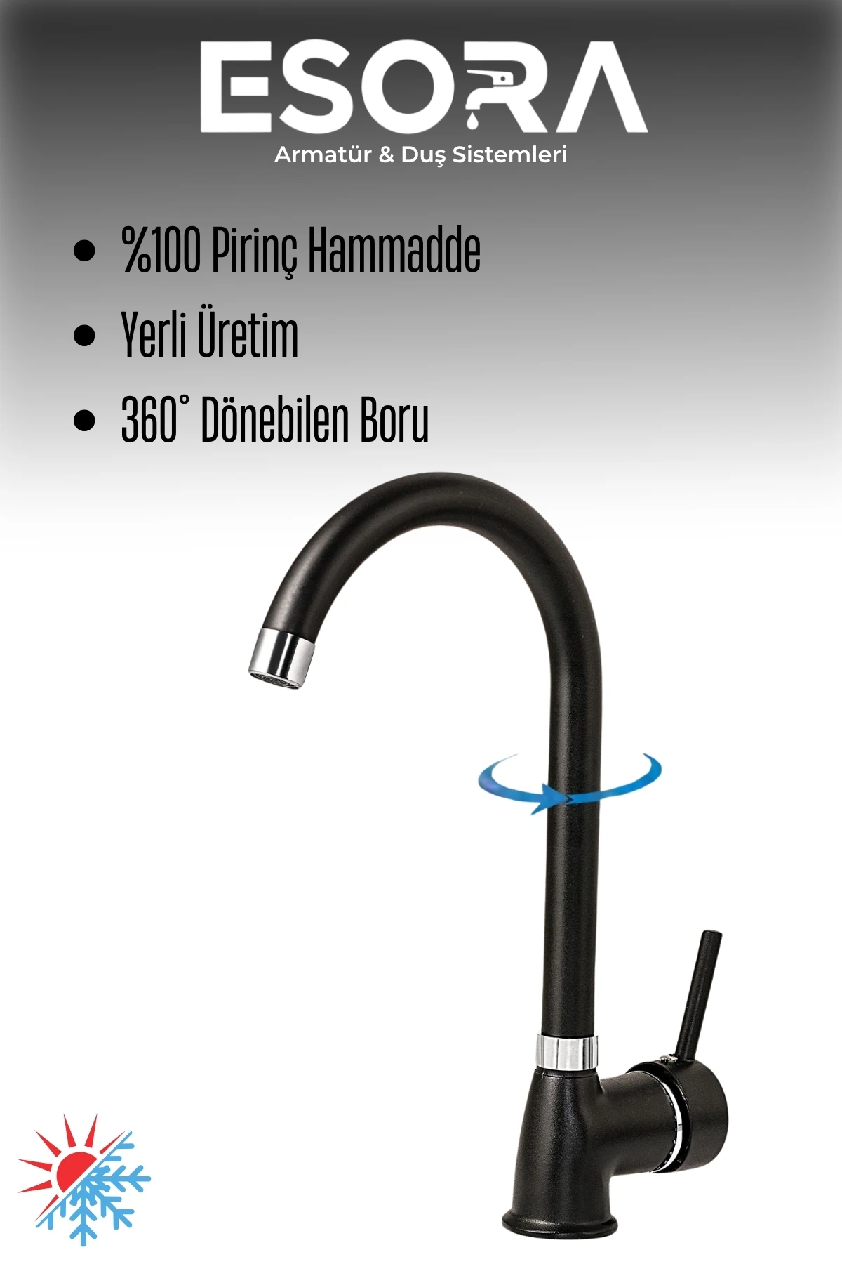 Siyah Baston Borulu Delta Mutfak Bataryası Musluğu Eviye Bataryası Çift Su Girişli 2 Yıl Garantili