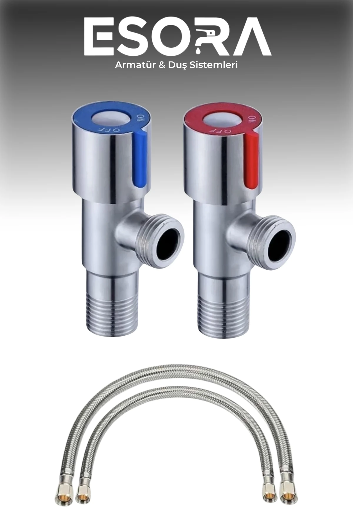 2 Adet İnox Paslanmaz Çelik Aç Kapa Ara Musluk + 2 Adet Flex Bağlantı Hortumu