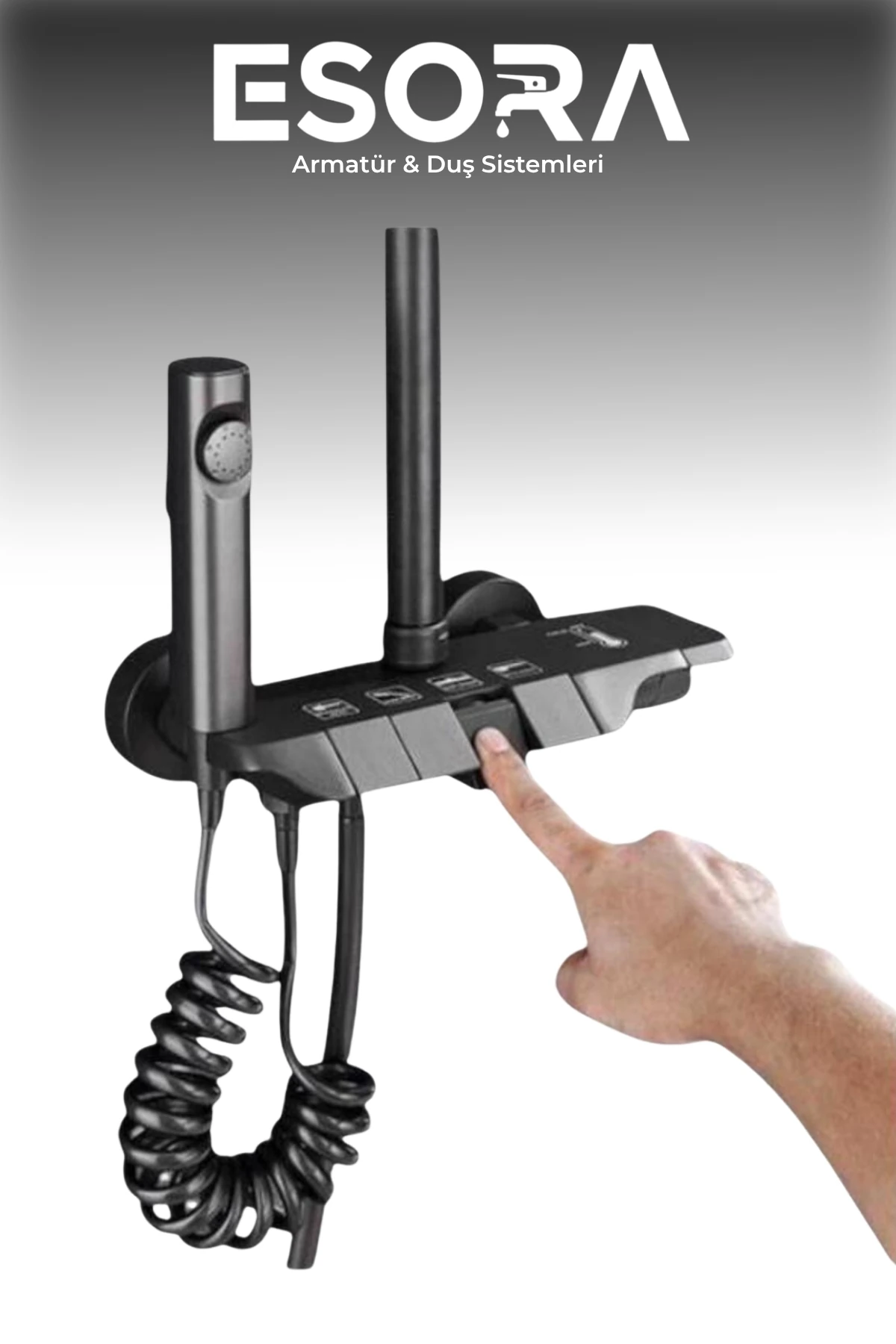 Piyano 5 Fonksiyonlu Gri Banyo Bataryalı Robot Duş Seti Tepe Duşu Duş Seti