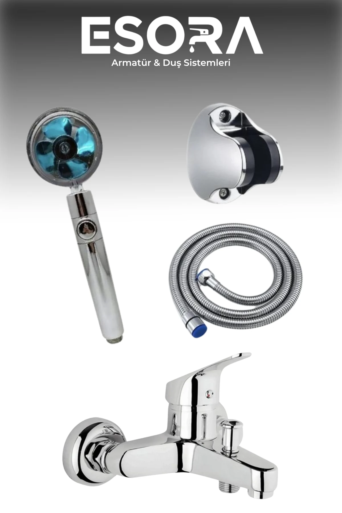 Krom Banyo Bataryası Pervaneli Duş Başlığı, Hortumu ve Mafsal Set