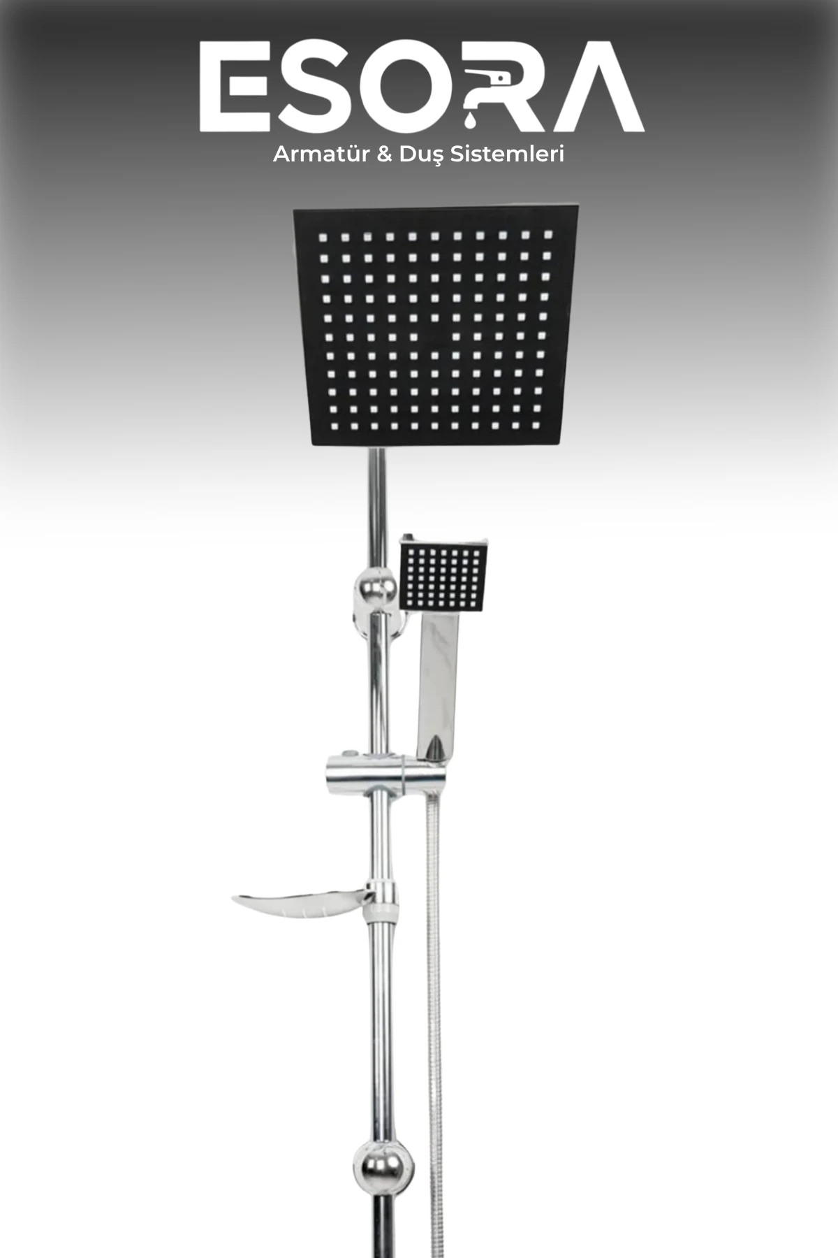 Siyah Krom Başlıklı Kare Robot Tepe Yağmurlama Duş Seti