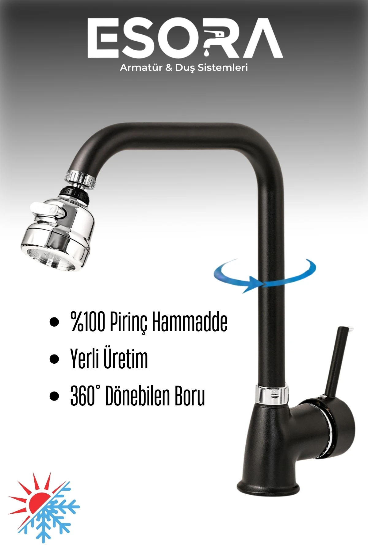 Siyah Krom Delta Mutfak Bataryası Oynar Başlıklı Mutfak Musluğu Eviye Bataryası Çift Su Girişli