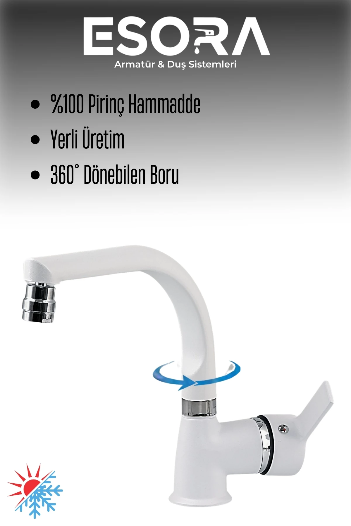 Beyaz Balık Sırtı Delta Lavabo Bataryası Oynar Başlıklı Çift Su Girişli Lavabo Musluğu Çeşme