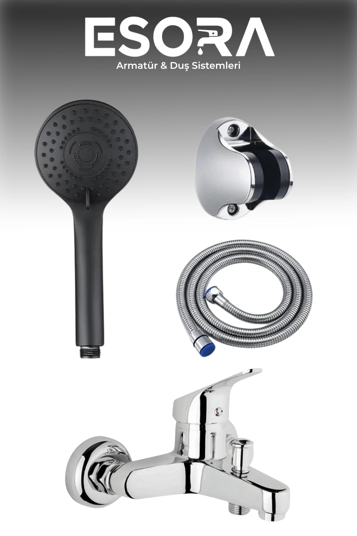 Krom Banyo Bataryası Siyah Duş Başlığı, Hortumu ve Mafsal Set
