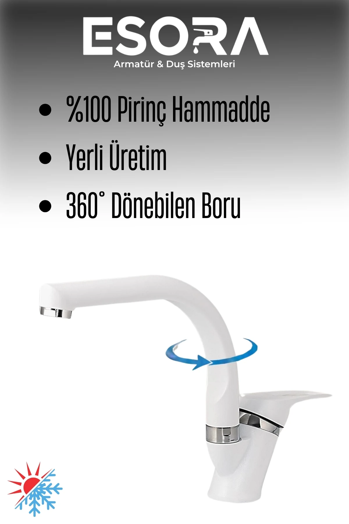 Beyaz Balık Sırtı Mix Lavabo Bataryası Çift Su Grişli Çeşme Banyo Musluğu Çeşmesi 2 Yıl Garantili