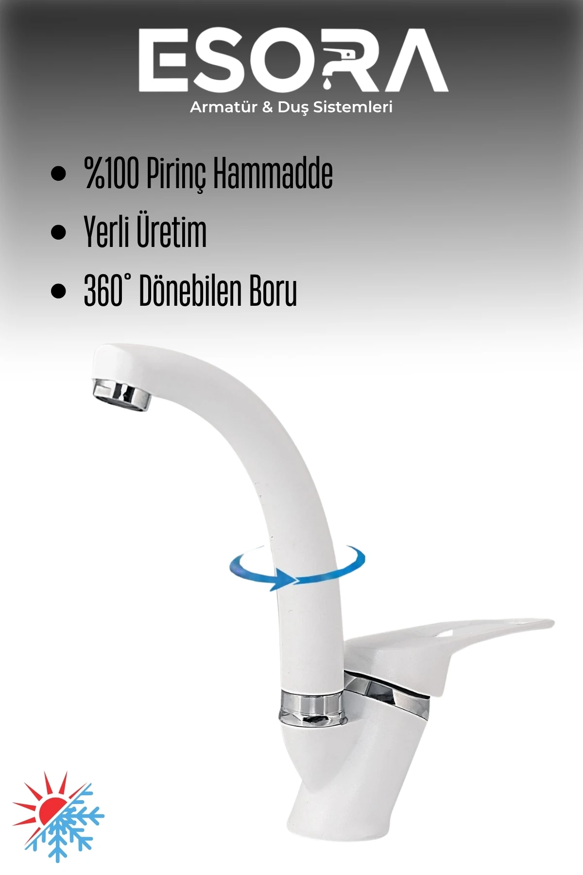 Beyaz Krom Mix Lavabo Bataryası Çift Su Grişli Çeşme Banyo Musluğu Mutfak Çeşmesi 2 Yıl Garantili