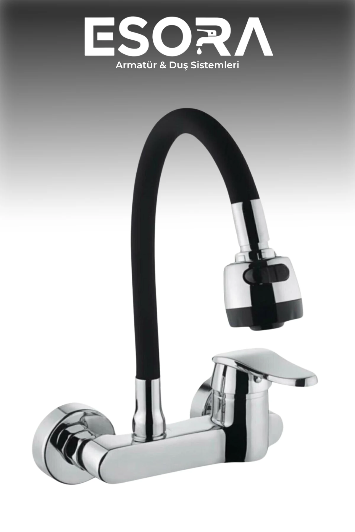 Siyah Krom 2 Fonksiyonlu Oynar Borulu Duvardan Mutfak Bataryası Çeşmesi Musluğu