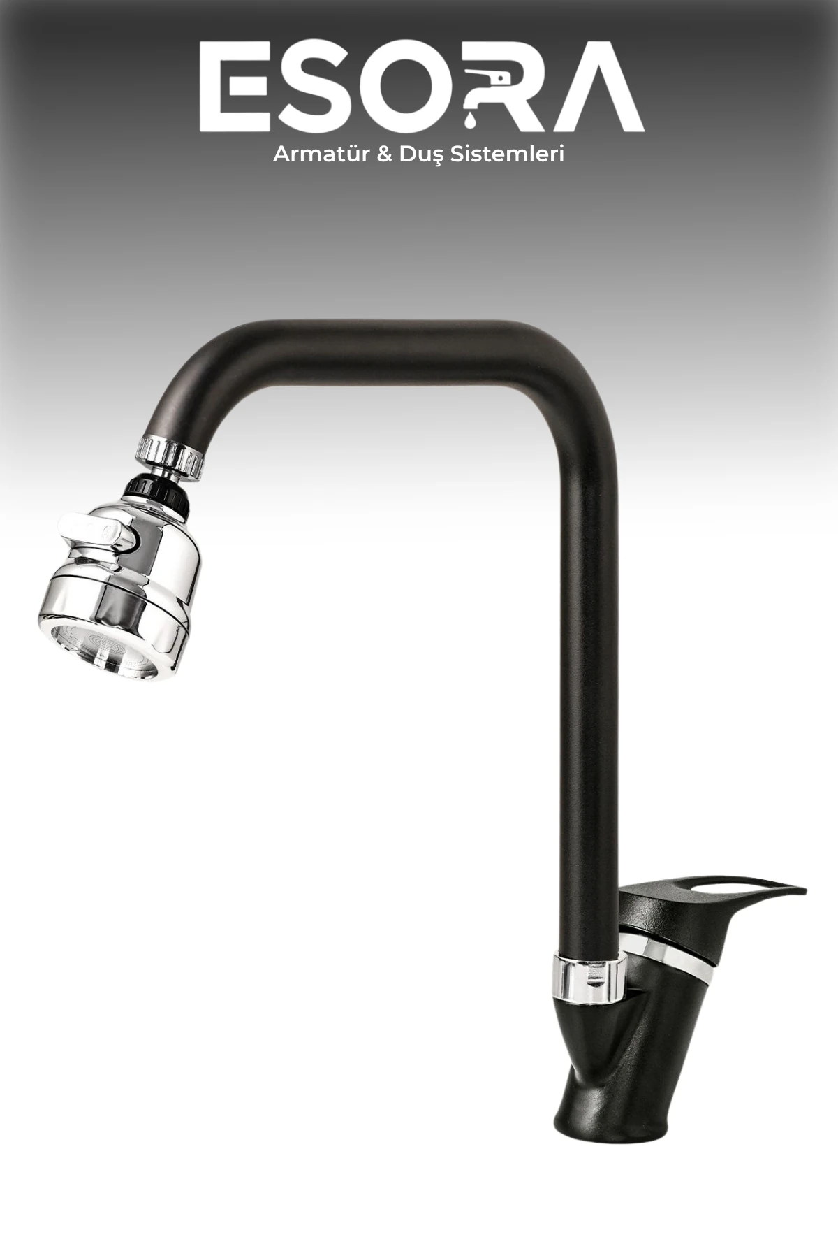 Siyah Krom Mix Mutfak Bataryası Oynar Başlıklı Mutfak Musluğu Eviye Bataryası Çift Su Girişli