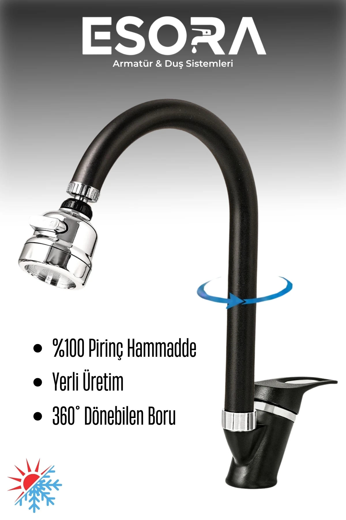 Siyah Krom Mix Mutfak Bataryası Oynar Başlıklı Mutfak Musluğu Eviye Bataryası Çift Su Girişli