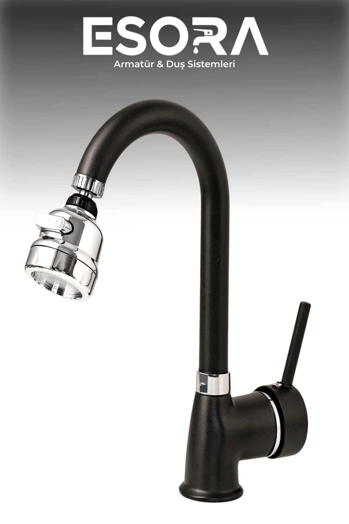 Siyah Krom Delta Mutfak Bataryası Oynar Başlıklı Mutfak Musluğu Eviye Bataryası Çift Su Girişli