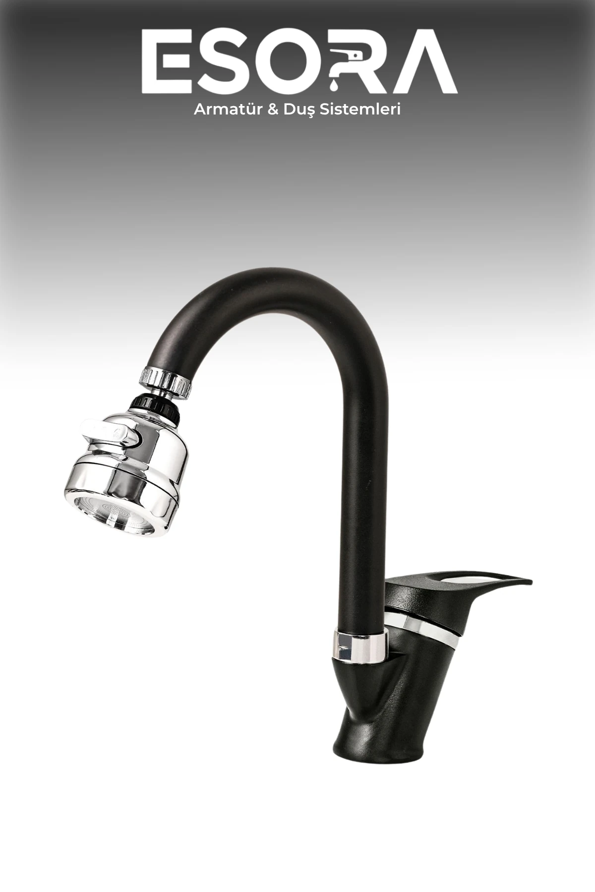 Siyah Krom Baston Lavabo Bataryası Filtreli Oynar Başlıklı Banyo Musluğu Çeşmesi Çift Su Girişli