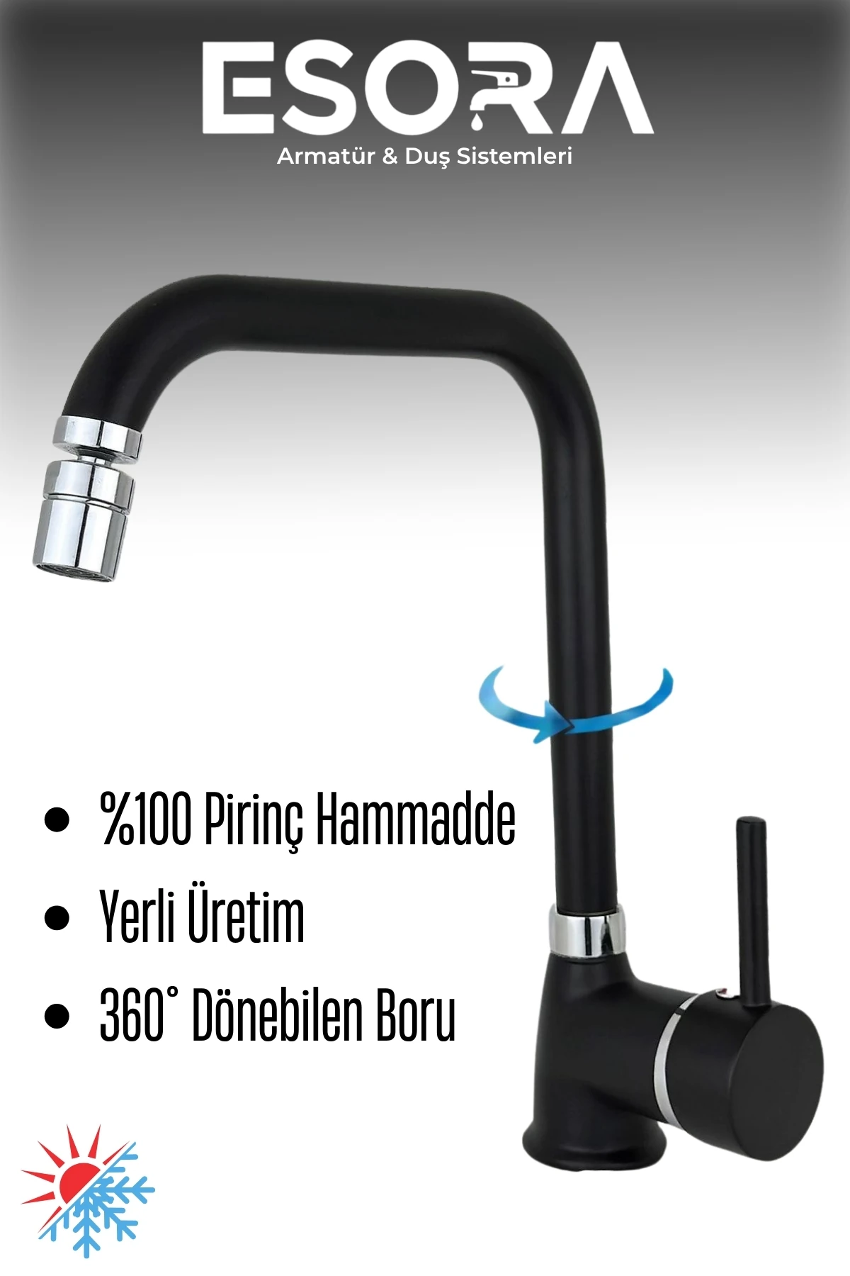 Siyah Krom Delta Mutfak Bataryası Oynar Başlıklı Mutfak Musluğu Eviye Bataryası Çift Su Girişli