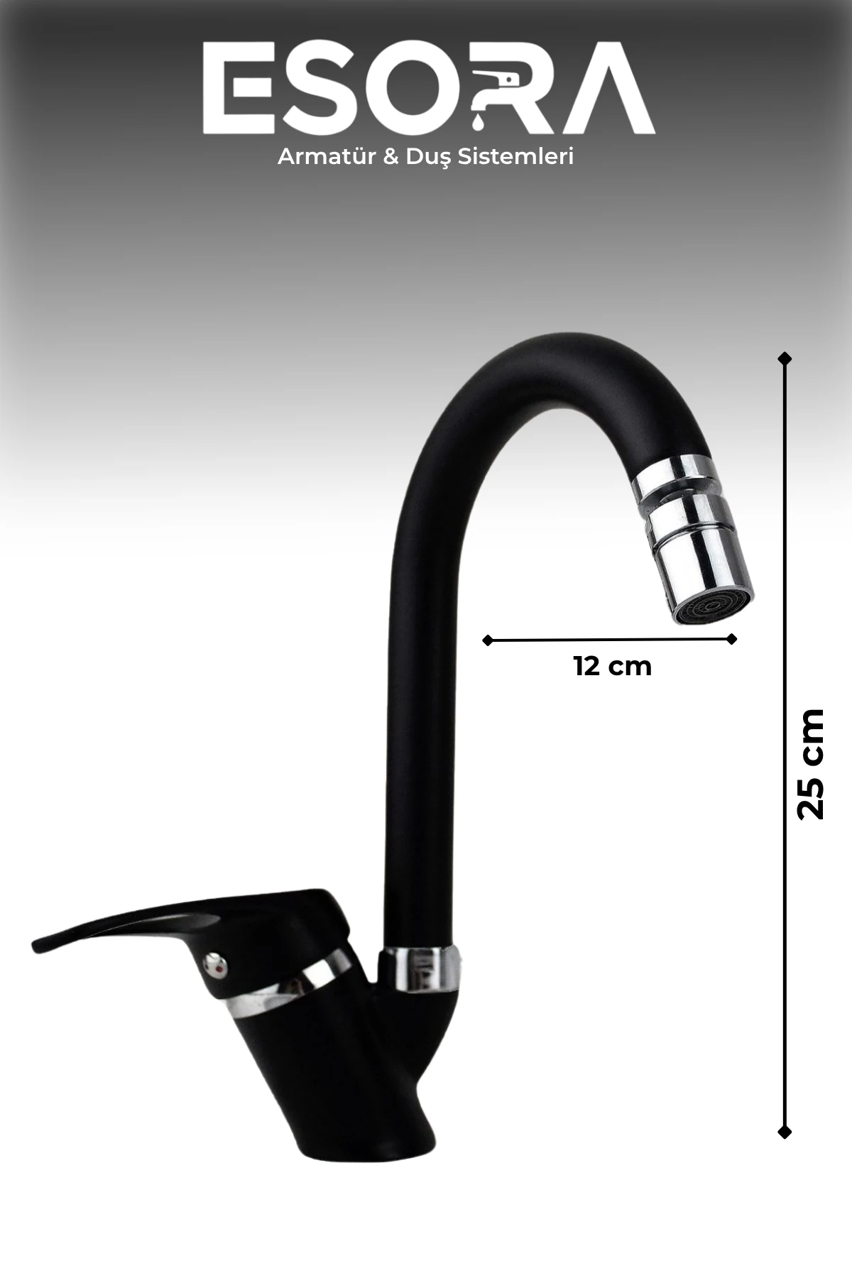 Siyah Baston Borulu Mix Lavabo Bataryası Çift Su Girişli Perletörlü Musluk Çeşme 2 Yıl Garanti