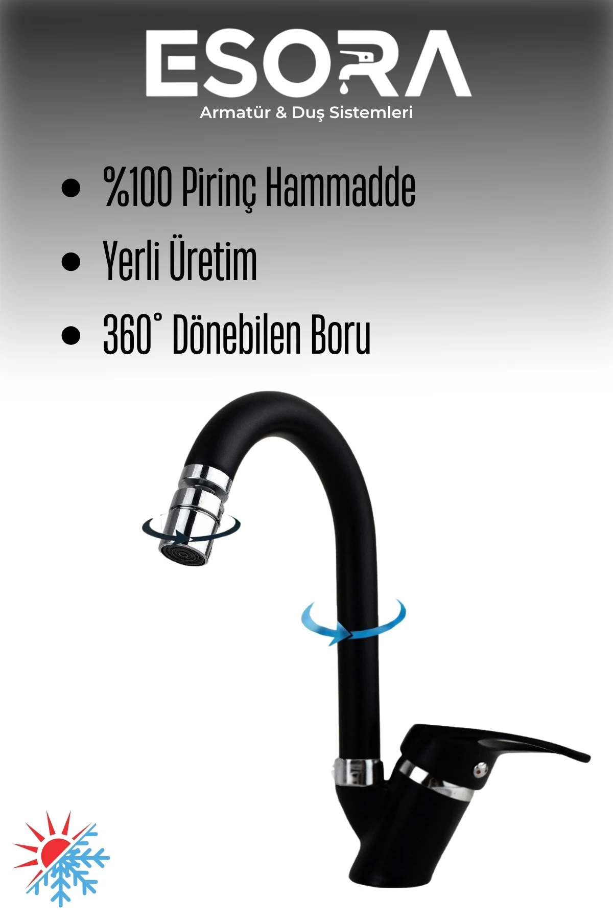 Siyah Baston Borulu Mix Lavabo Bataryası Çift Su Girişli Perletörlü Musluk Çeşme 2 Yıl Garanti