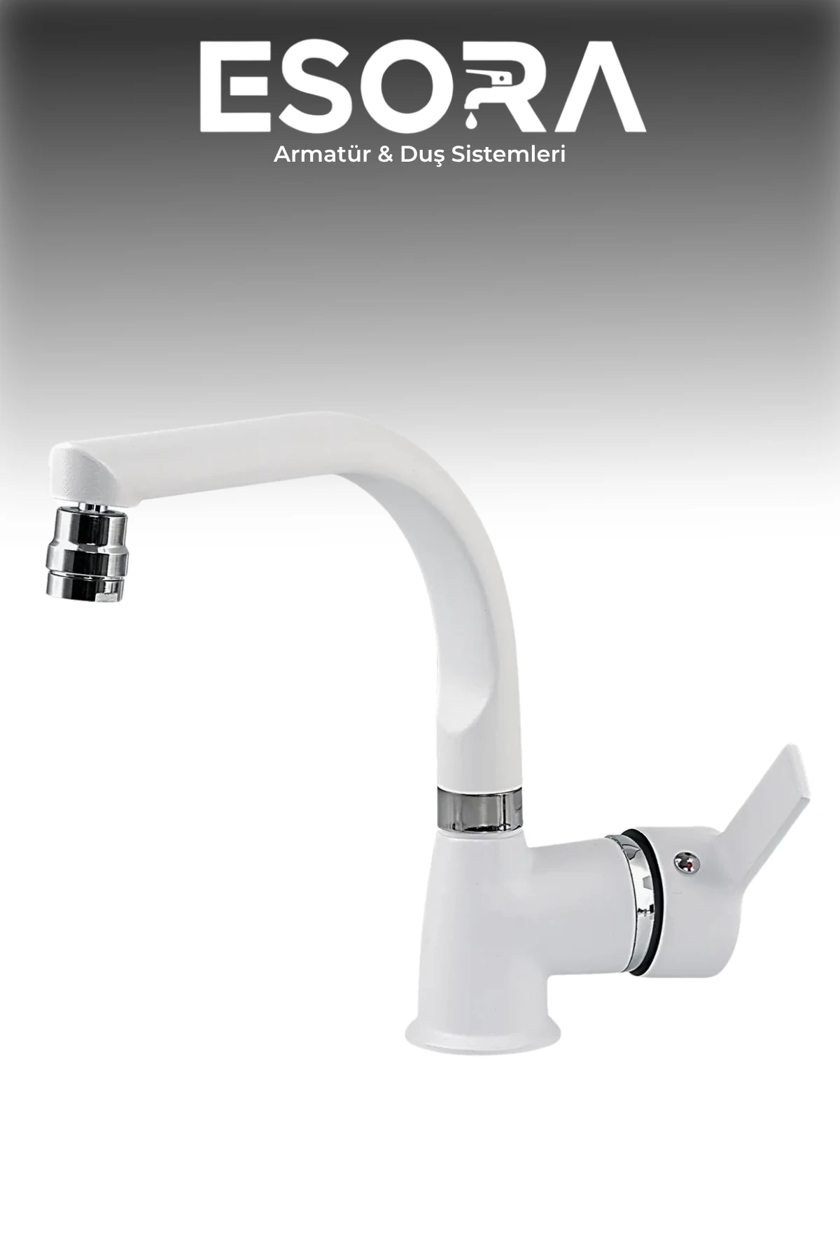 Beyaz Balık Sırtı Delta Lavabo Bataryası Oynar Başlıklı Çift Su Girişli Lavabo Musluğu Çeşme