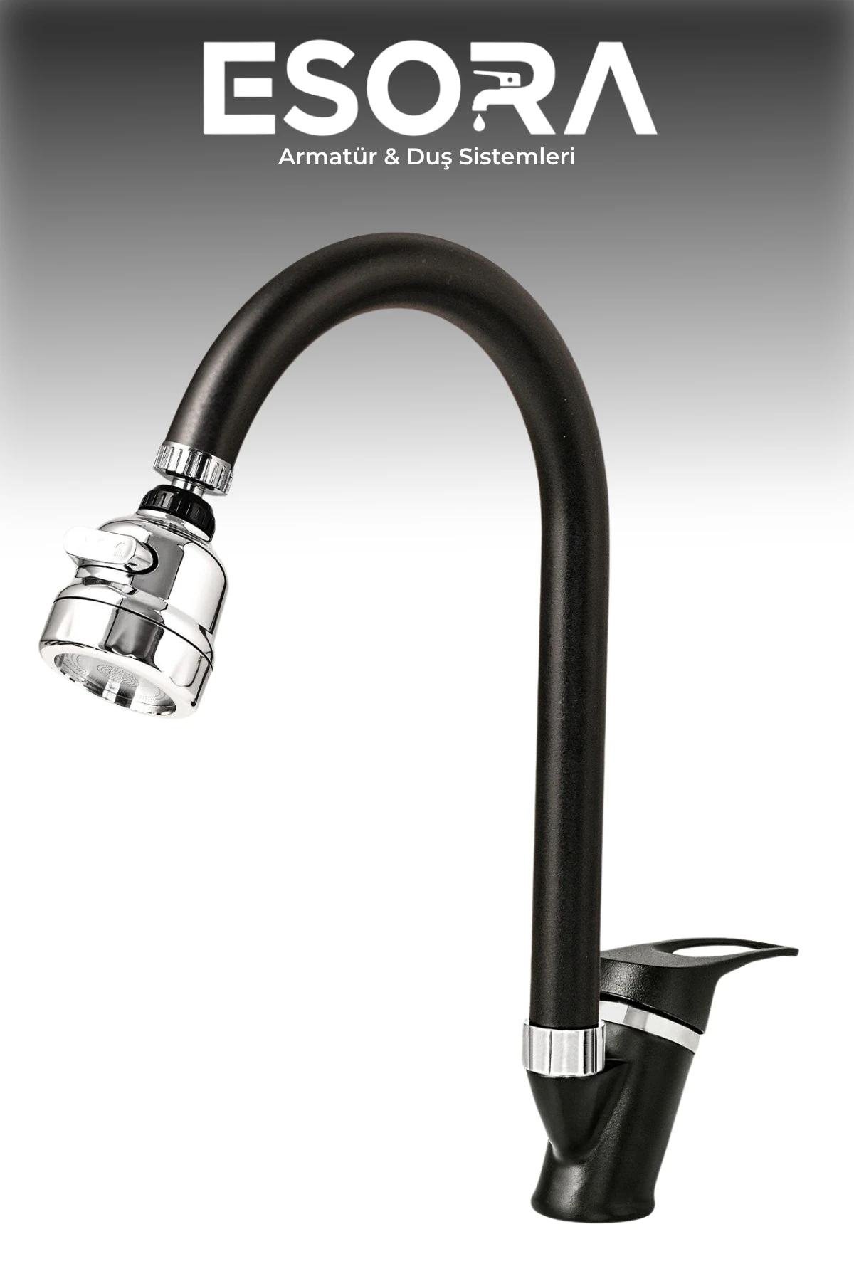 Siyah Krom Mix Mutfak Bataryası Oynar Başlıklı Mutfak Musluğu Eviye Bataryası Çift Su Girişli