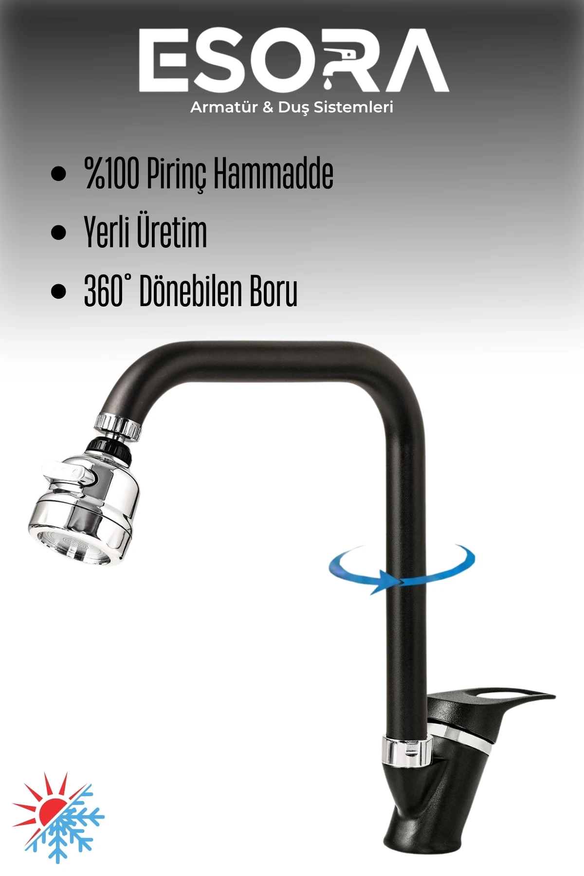 Siyah Krom Mix Mutfak Bataryası Oynar Başlıklı Mutfak Musluğu Eviye Bataryası Çift Su Girişli