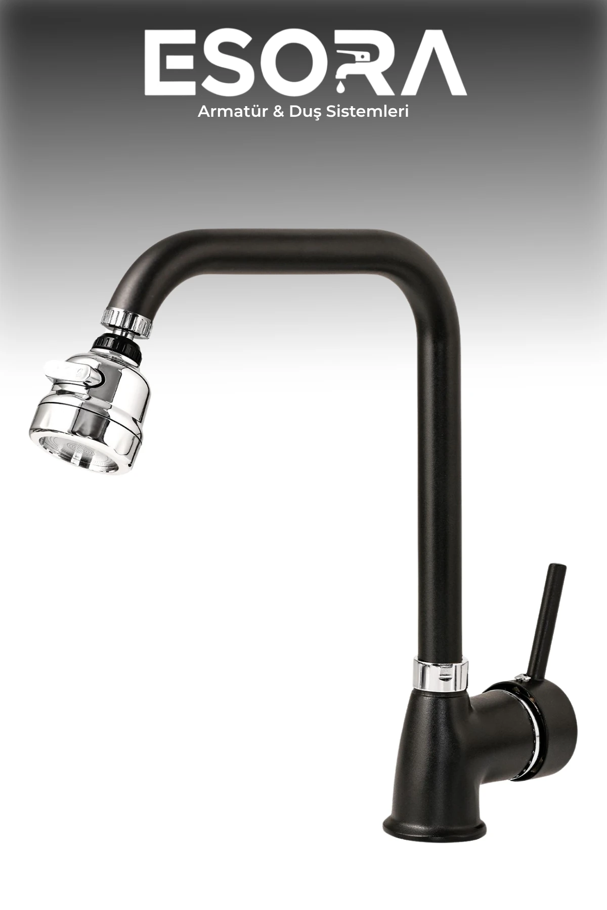 Siyah Krom Delta Mutfak Bataryası Oynar Başlıklı Mutfak Musluğu Eviye Bataryası Çift Su Girişli