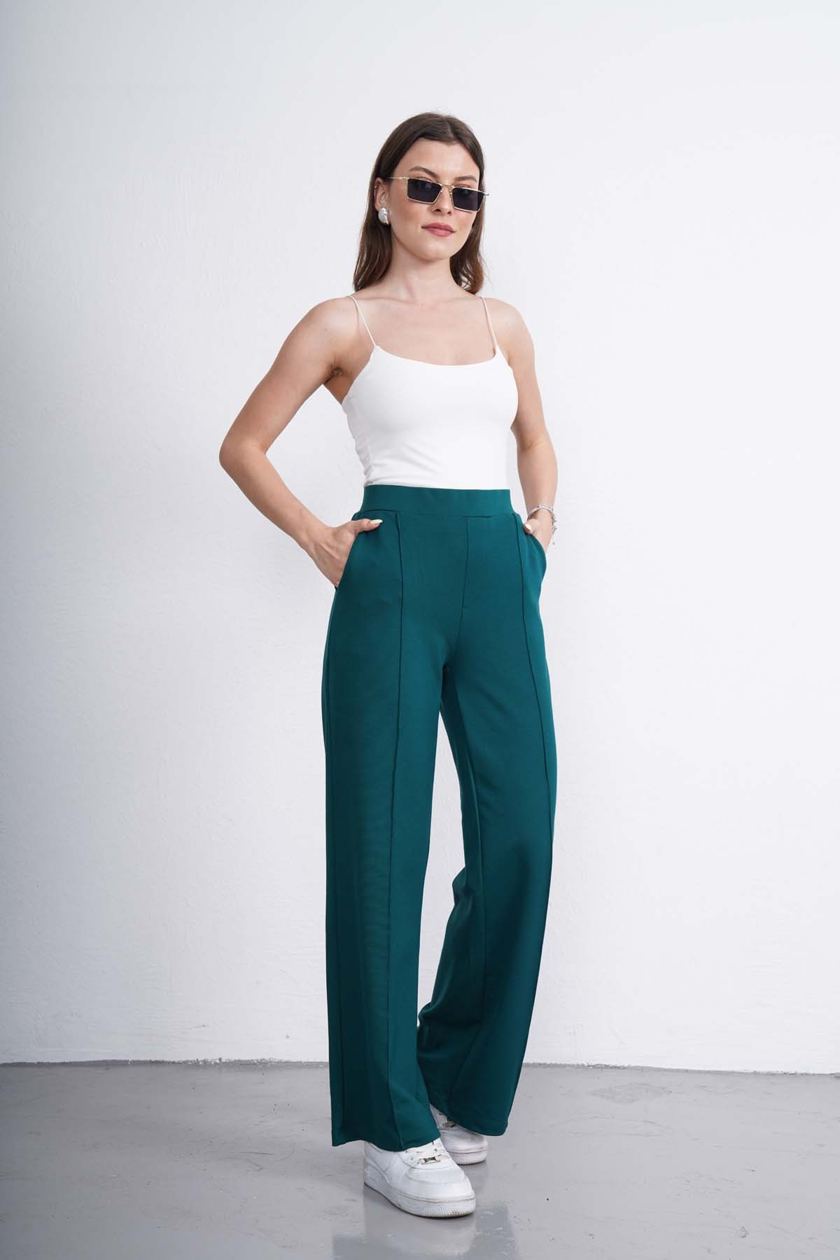 Beli Lastikli Önü Dikişli Pantolon - Zümrüt Yeşili