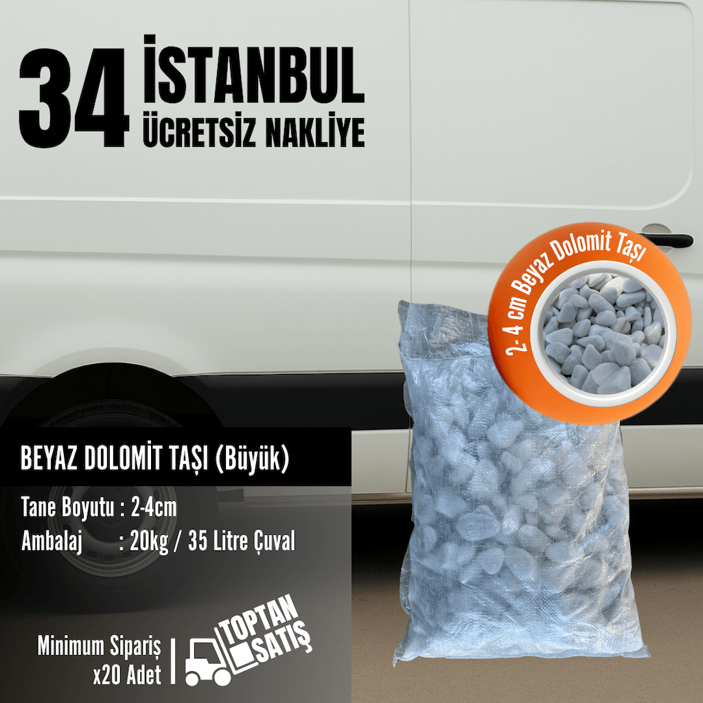 2–4 cm Beyaz Dolomit Taşı | 35 Litre (20 kg) – İstanbul Nakliye Dahil