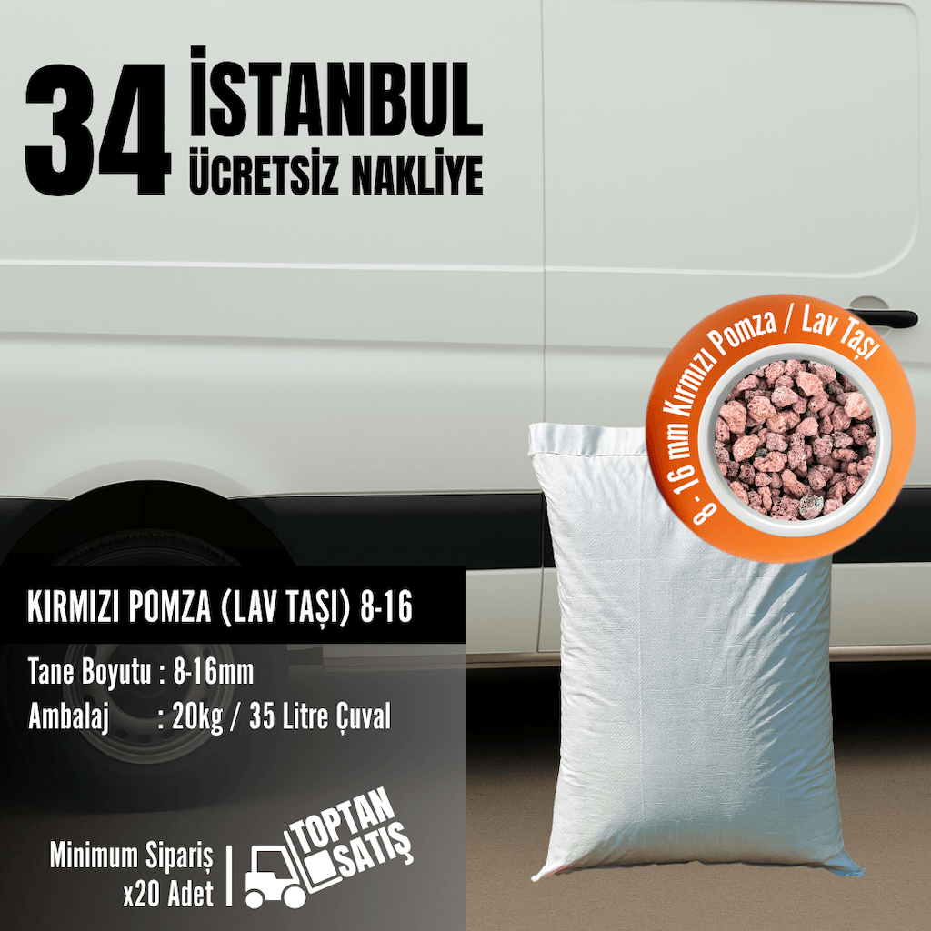 8–16 mm Kırmızı Pomza (Lav Taşı) | 35 Litre (20 kg) – İstanbul Nakliye Dahil