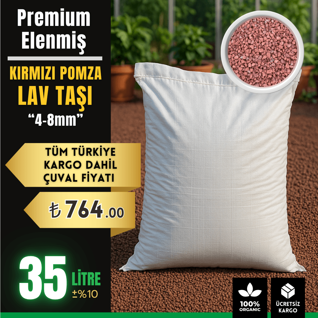 Premium Elenmiş Kırmızı Pomza Lav Taşı (4-8 mm) – 35 Litre