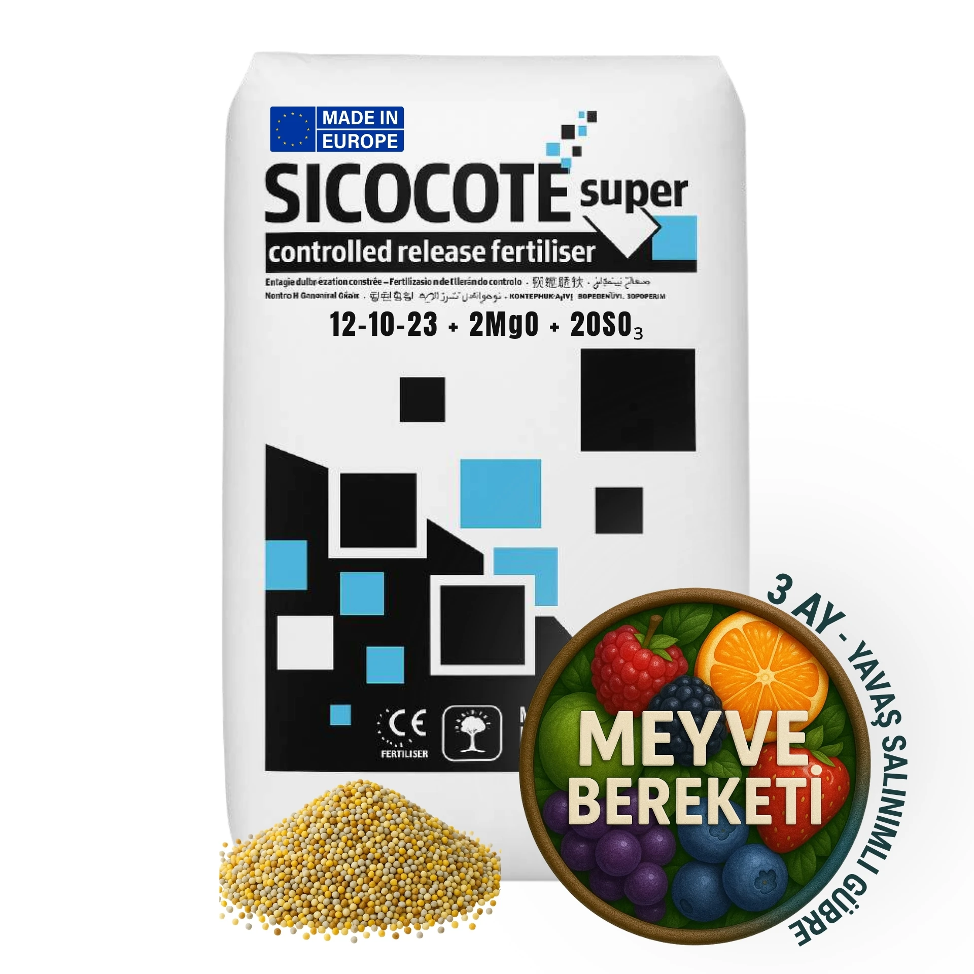 SICOCOTE NPK GÜBRE | 12-10-23 + 2MgO + 20SO₃ | 3 Ay Salınım | 25 KG