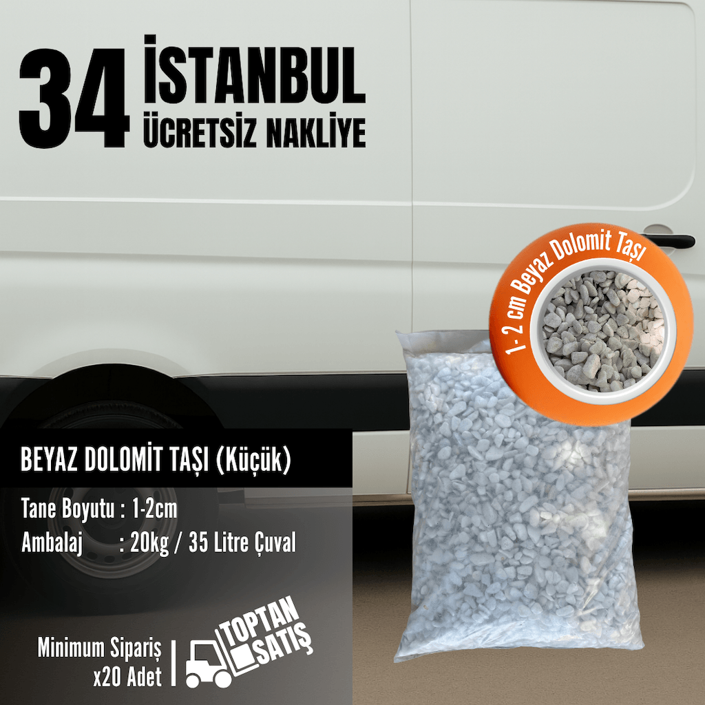 1–2 cm Beyaz Dolomit Taşı | 35 Litre (20 kg) – İstanbul Nakliye Dahil