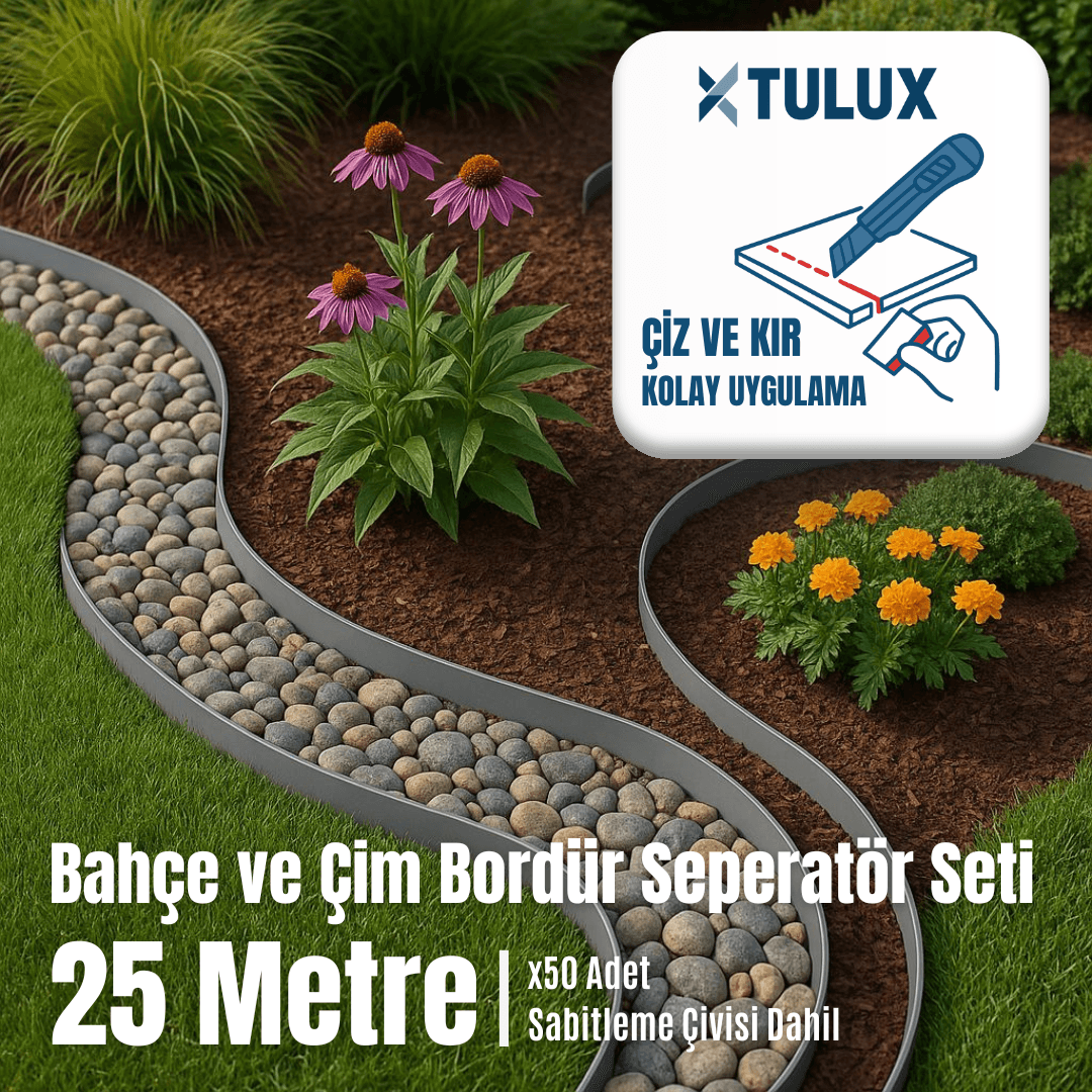 TULUX Esnek Bahçe ve Çim Bordür Separatör Seti (25 Metre) | 50 Adet Sabitleme Çivisi Dahil