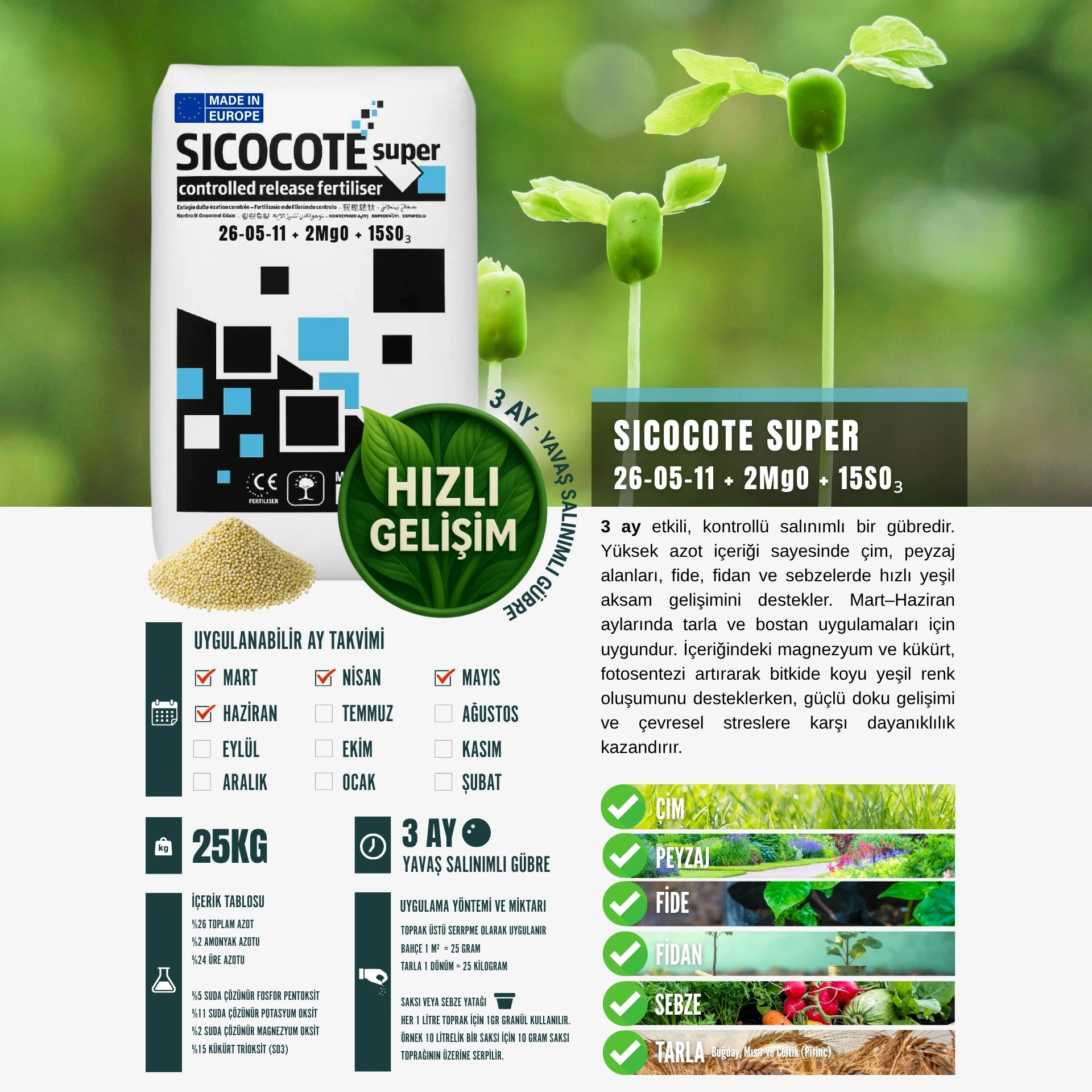 SICOCOTE NPK GÜBRE | 26-05-11 + 2MgO + 15SO₃ | 3 Ay Salınım | 25 KG