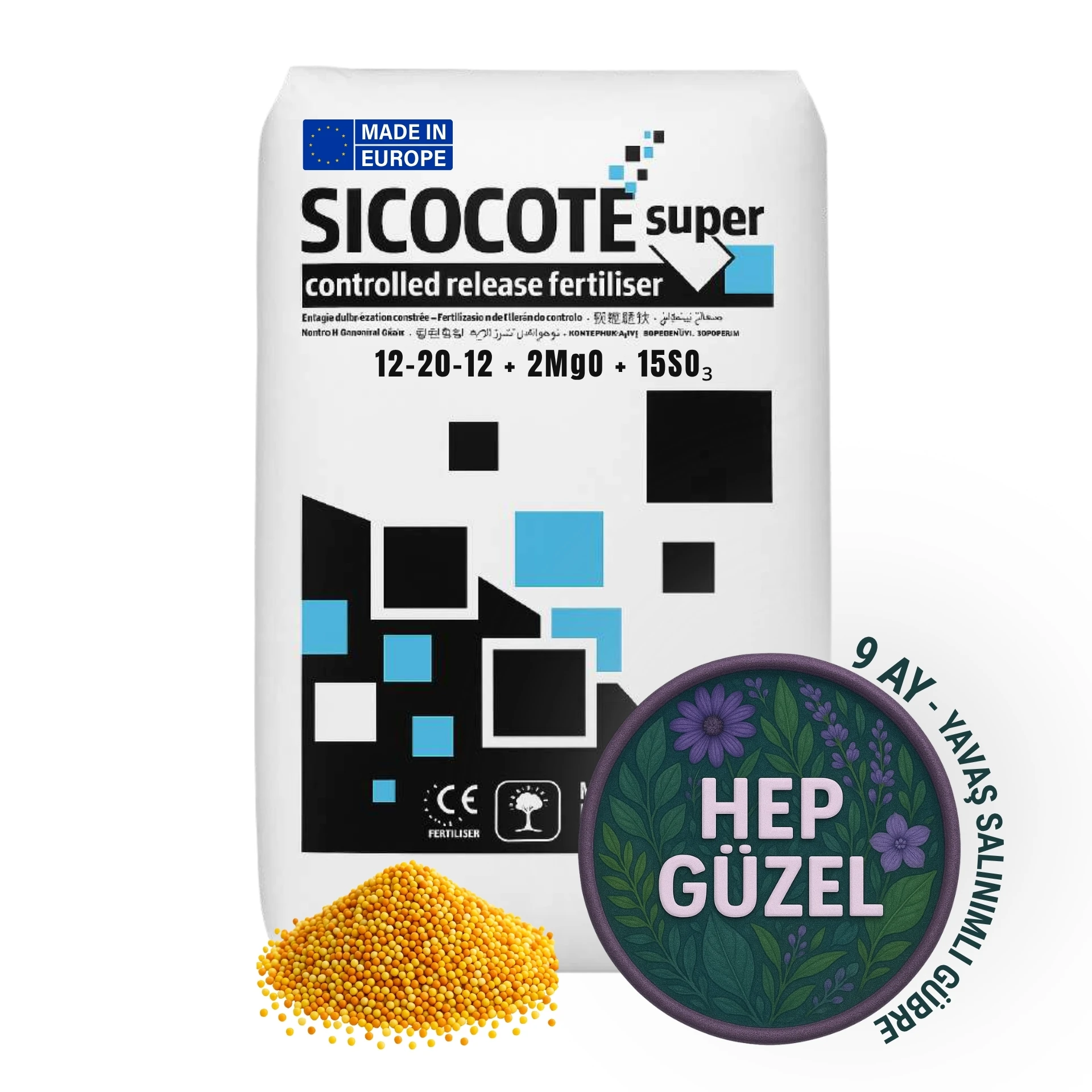 SICOCOTE NPK GÜBRE | 12-20-12 + 2MgO + 15SO₃ | 9 Ay Salınım | 25 KG