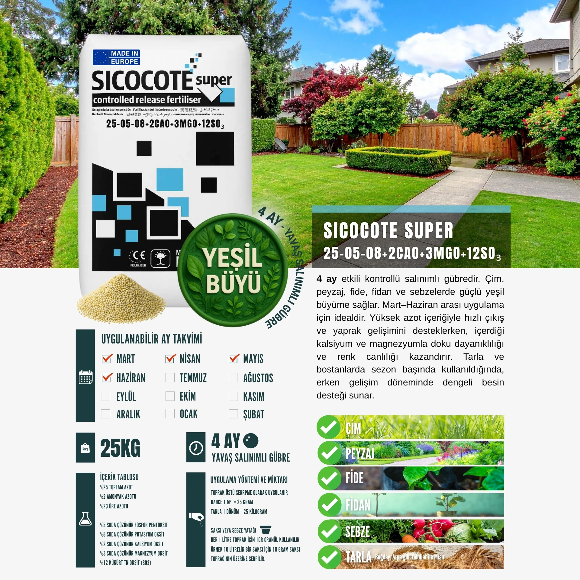 SICOCOTE NPK GÜBRE | 25-05-08 + 2CaO + 3MgO + 12SO₃ | 4 Ay Salınım | 25 KG
