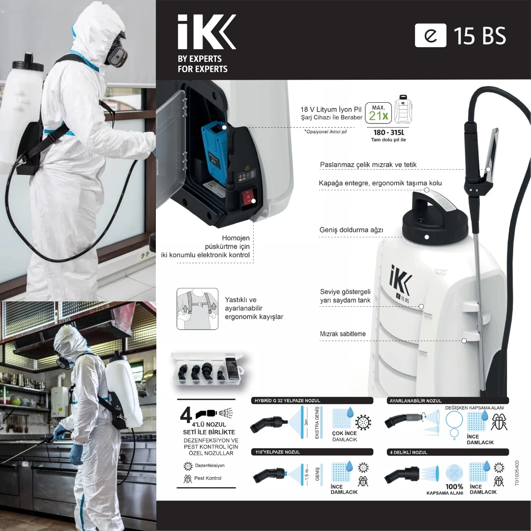IK e 15 BS 18V Akülü Sırt Pompası – 15 L Profesyonel Dezenfeksiyon ve İlaçlama Cihazı