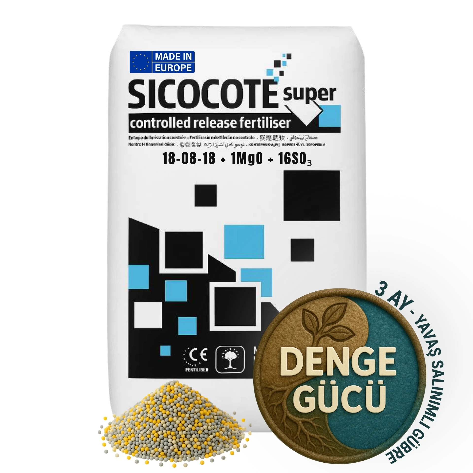 SICOCOTE NPK GÜBRE | 18-08-18 + 1MgO + 16SO₃ | 3 Ay Salınım | 25 KG