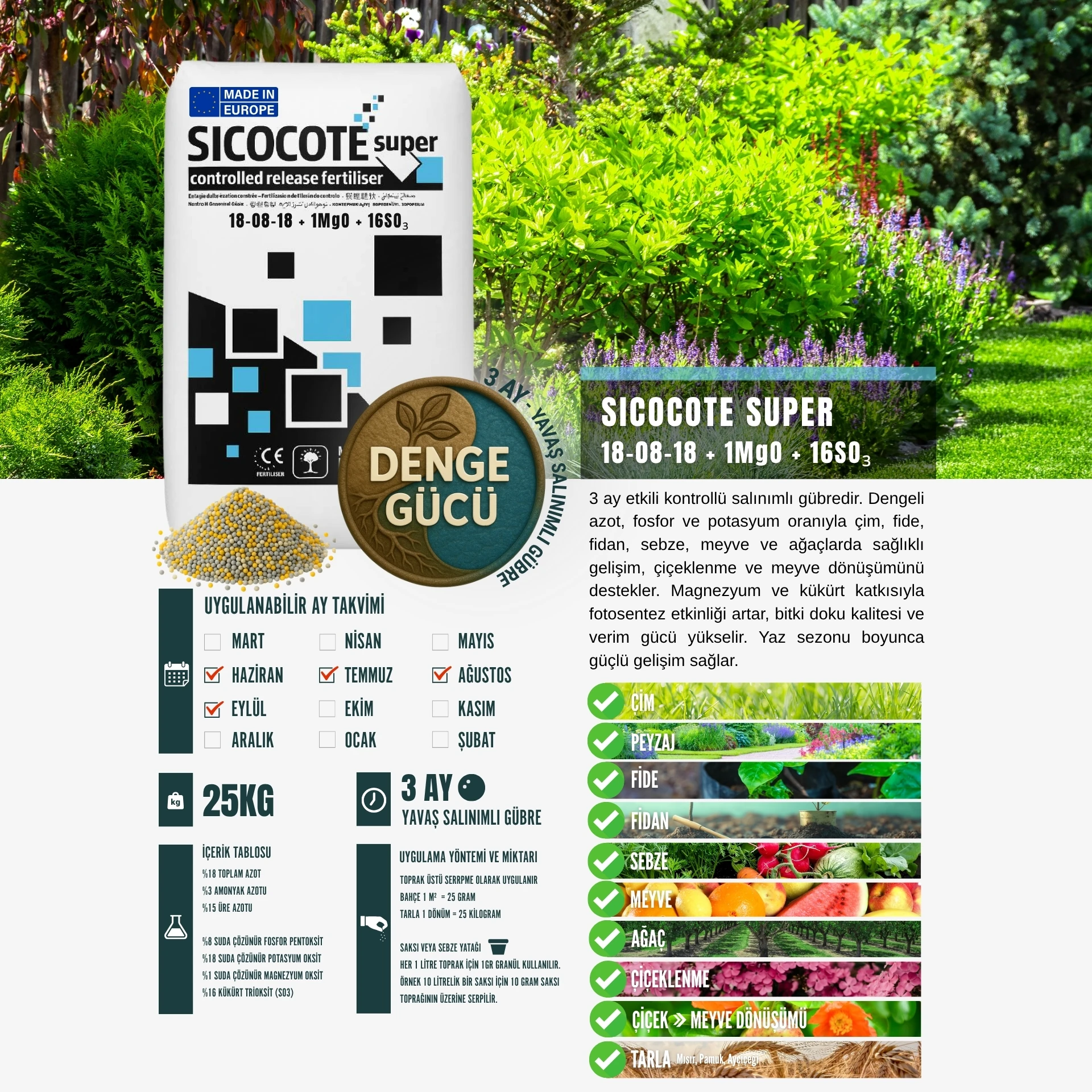 SICOCOTE NPK GÜBRE | 18-08-18 + 1MgO + 16SO₃ | 3 Ay Salınım | 25 KG